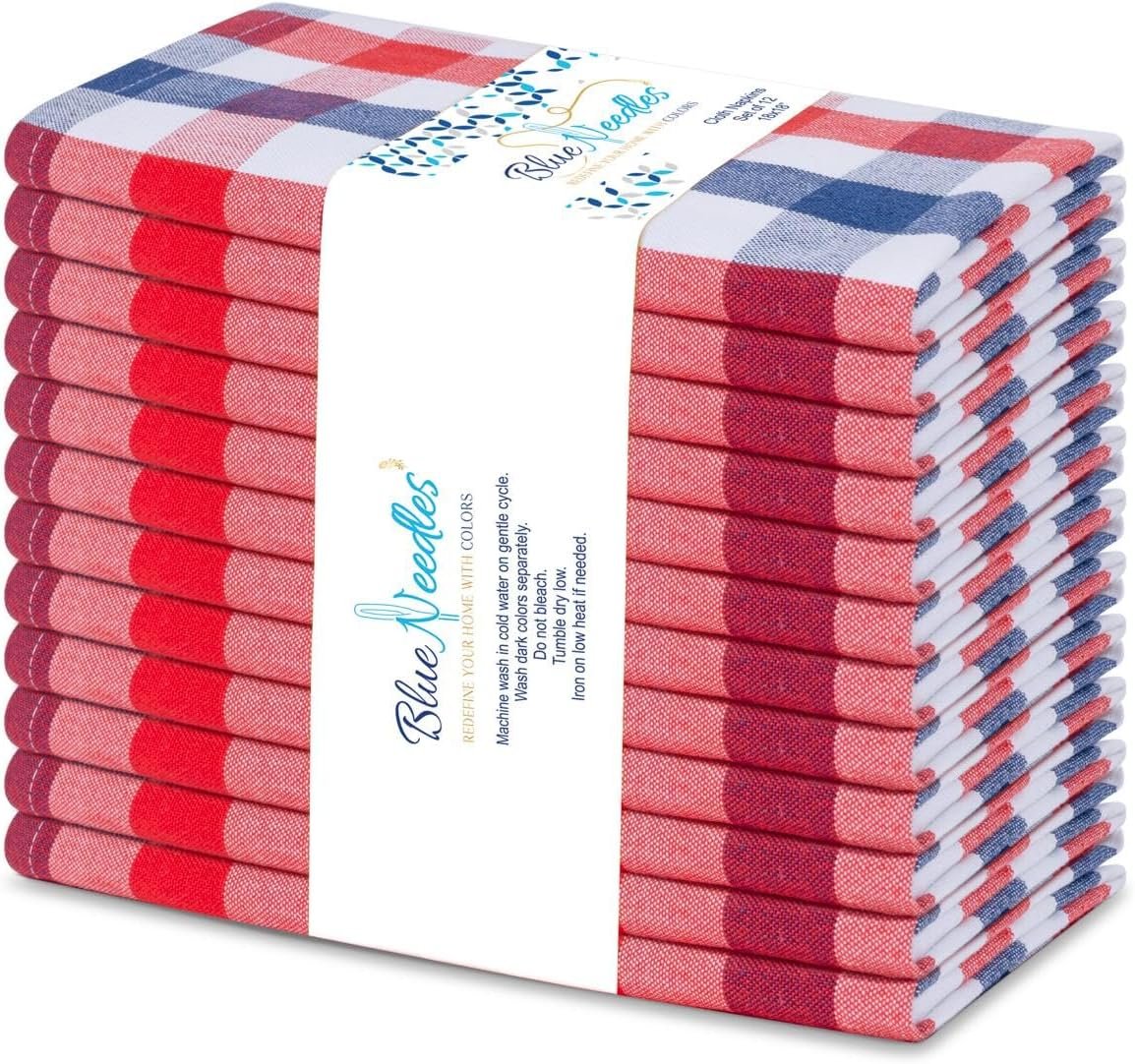 Blue Needles Buffalo Plaid Red Blue White Dinner Napkins – 100% Cotton 4th of July Set of 12 Gingham Check Dinner Napkin 18×18 inches Mitered Corners Patriotic Decor Tabletop Collection Buffet Dining