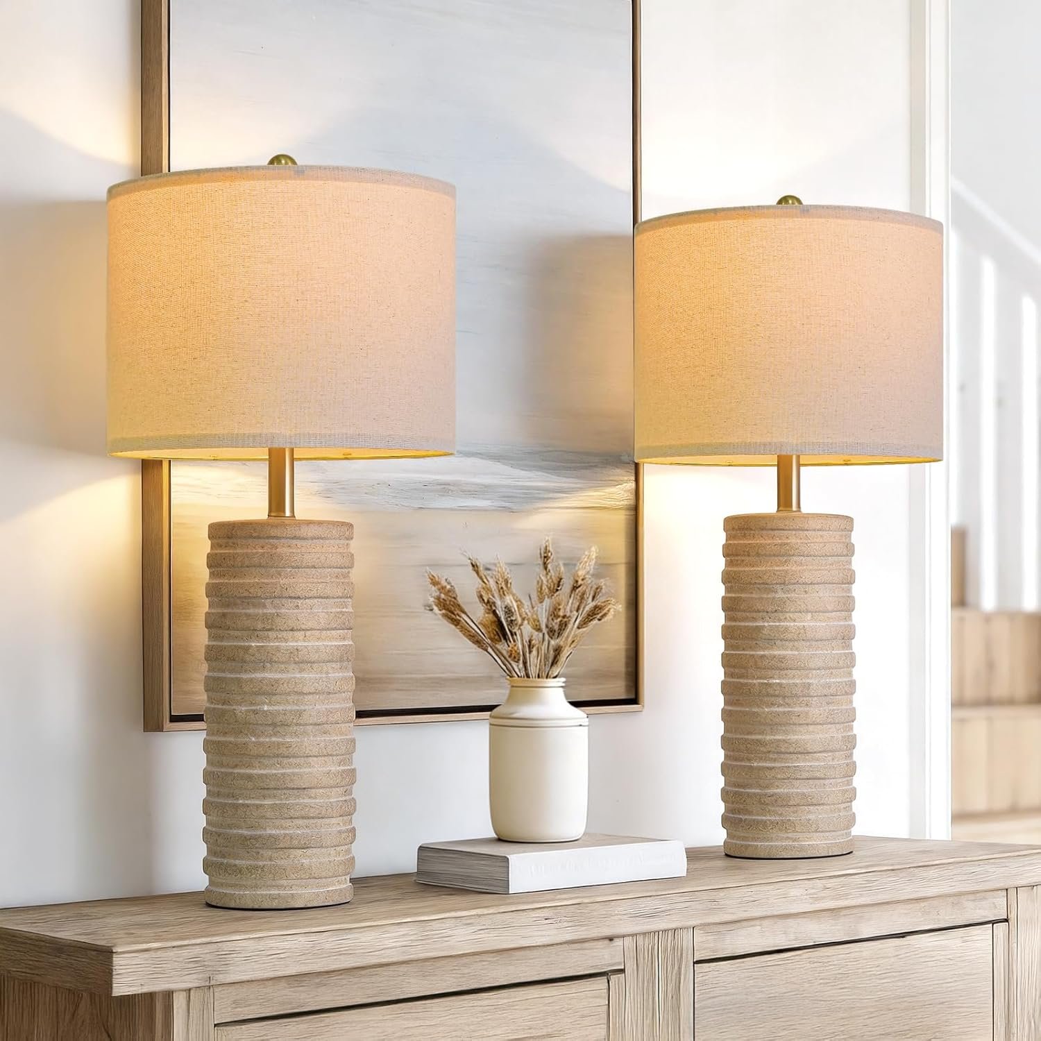 PoKat 27” Farmhouse Table Lamps Set of 2 for Living Room, Stone-Like Bedside Lamp for Bedroom, Boho Ceramic Tall Lamps for Nightstand Office Sideboard Entryway Distressed (Antique Beige)
