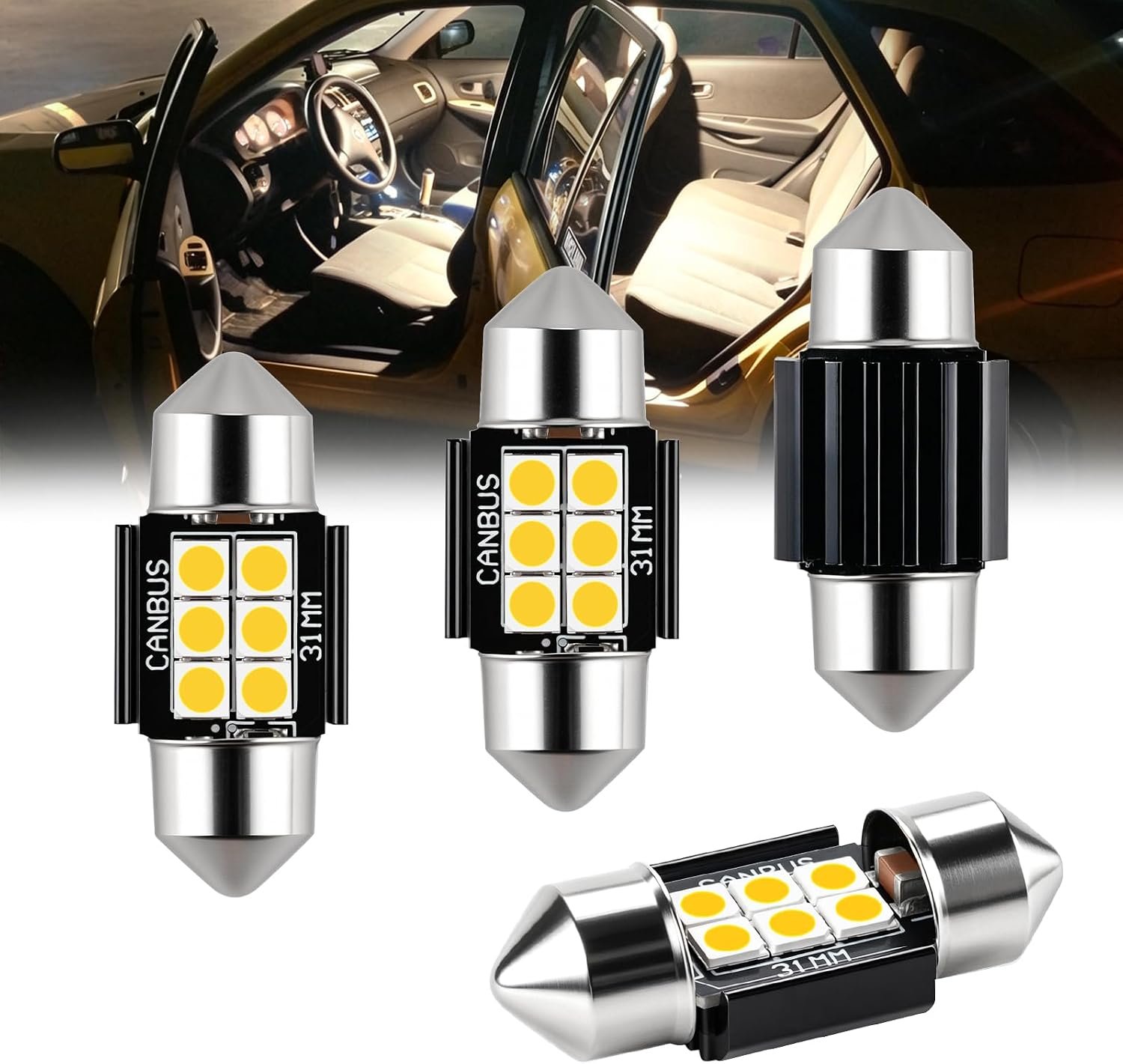 iBrightstar 9-30V Extremely Bright DE3175 DE3021 Festoon LED Bulbs Error Free 1.25″ 31mm for Interior Map Dome Lights and License Plate Courtesy Lights, Warm White(4500K)
