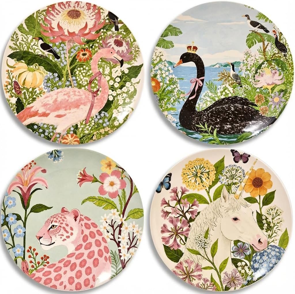 8.5 Inch Ceramic Plates Set of 4, Salad & Dessert Appetizer Plates | Kitchen Plates for Pasta, Side Dishes, Illustrated Style, Dishwasher & Microwave Safe, Gift for Housewarming and Thanksgiving