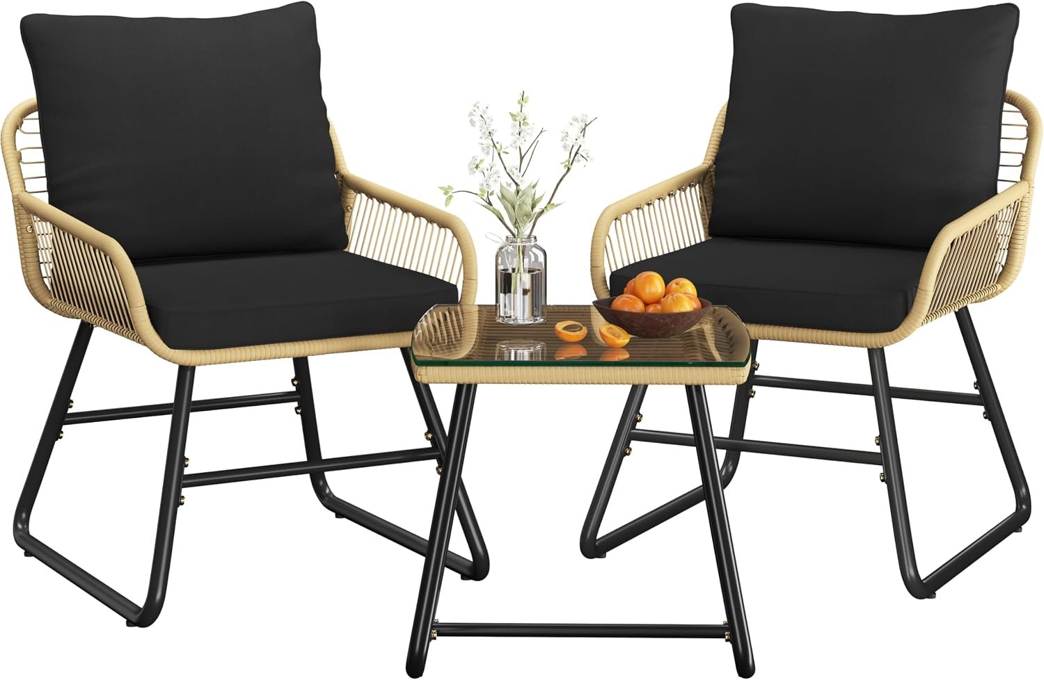Yaheetech 3 Piece Patio Bistro Set, Outdoor Wicker Bistro Furniture Sets | 2 Rattan Chairs and Glass Top Table for Patio, Balcony, Porch, Poolside, Backyard, Tan/Black