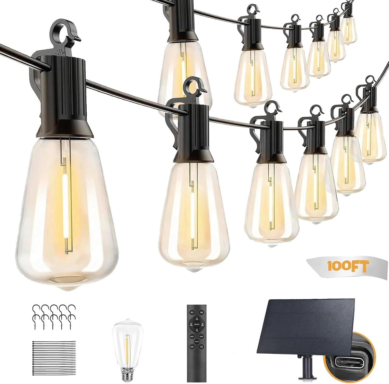 Outdoor Solar String Lights 100FT Waterproof – 50+1 LED Shatterproof Festoon Lights, Dimmable Remote Control Patio Hanging Lights for Backyard, Deck, Garden, Party
