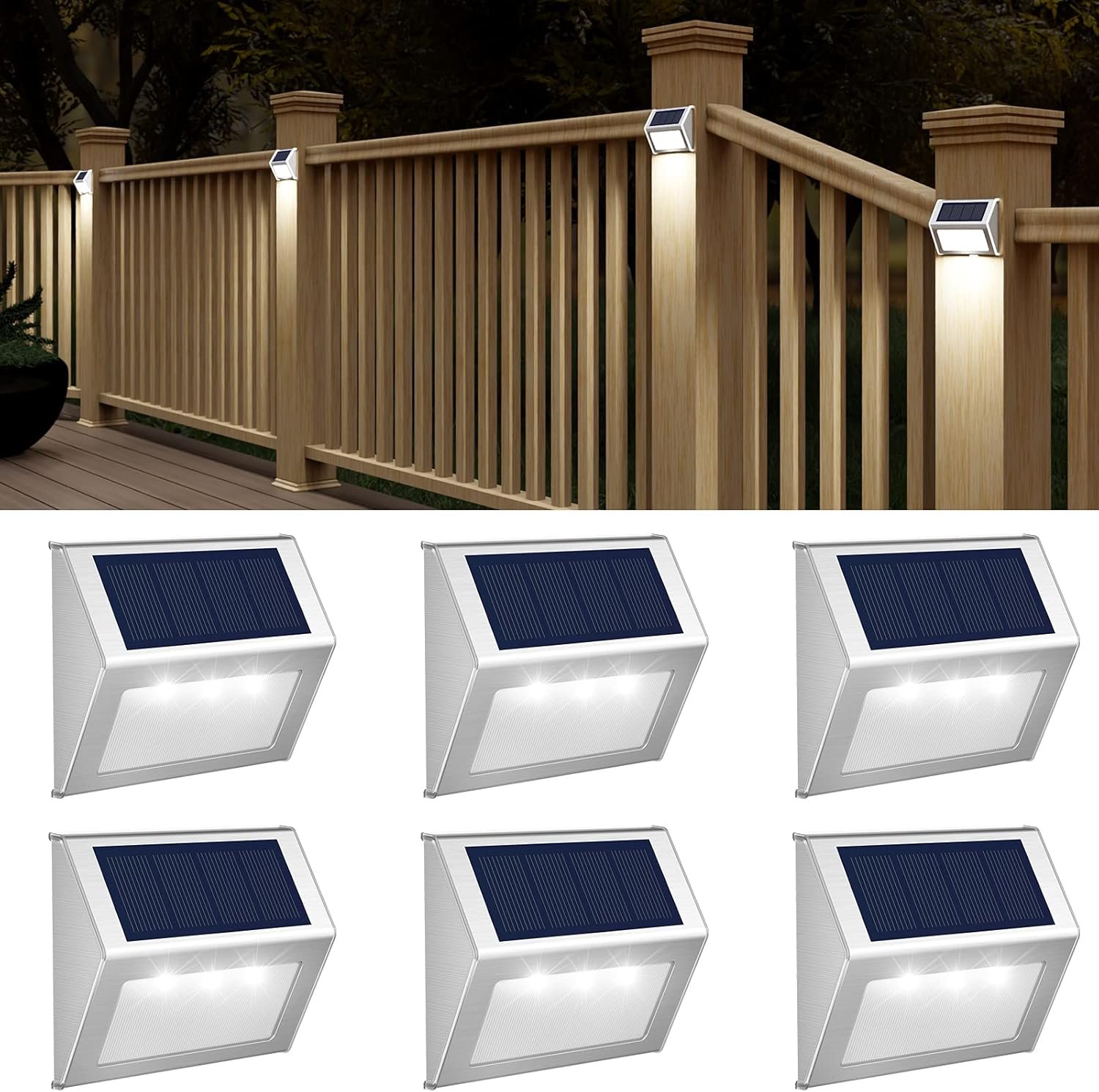 JSOT Solar Powered Lights Ideal for Step, Fence, Deck, Stair-Cool White-6P | Stainless Steel, Waterproof, Automatic Dusk to Dawn, Anti-Rust, Energy Efficient, Perfect for house decor