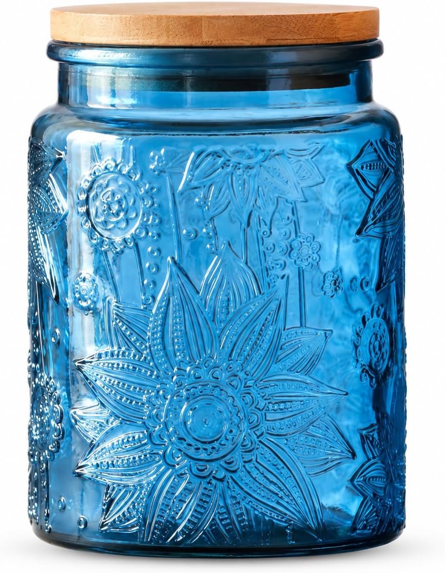 Blue Glass Canister with Lid, 23.7 oz Vintage Embossed Glass Jar, Airtight Food Storage Container for Coffee Beans, Tea, Sugar, Candy, Cookies, Decorative Kitchen Pantry Organizer