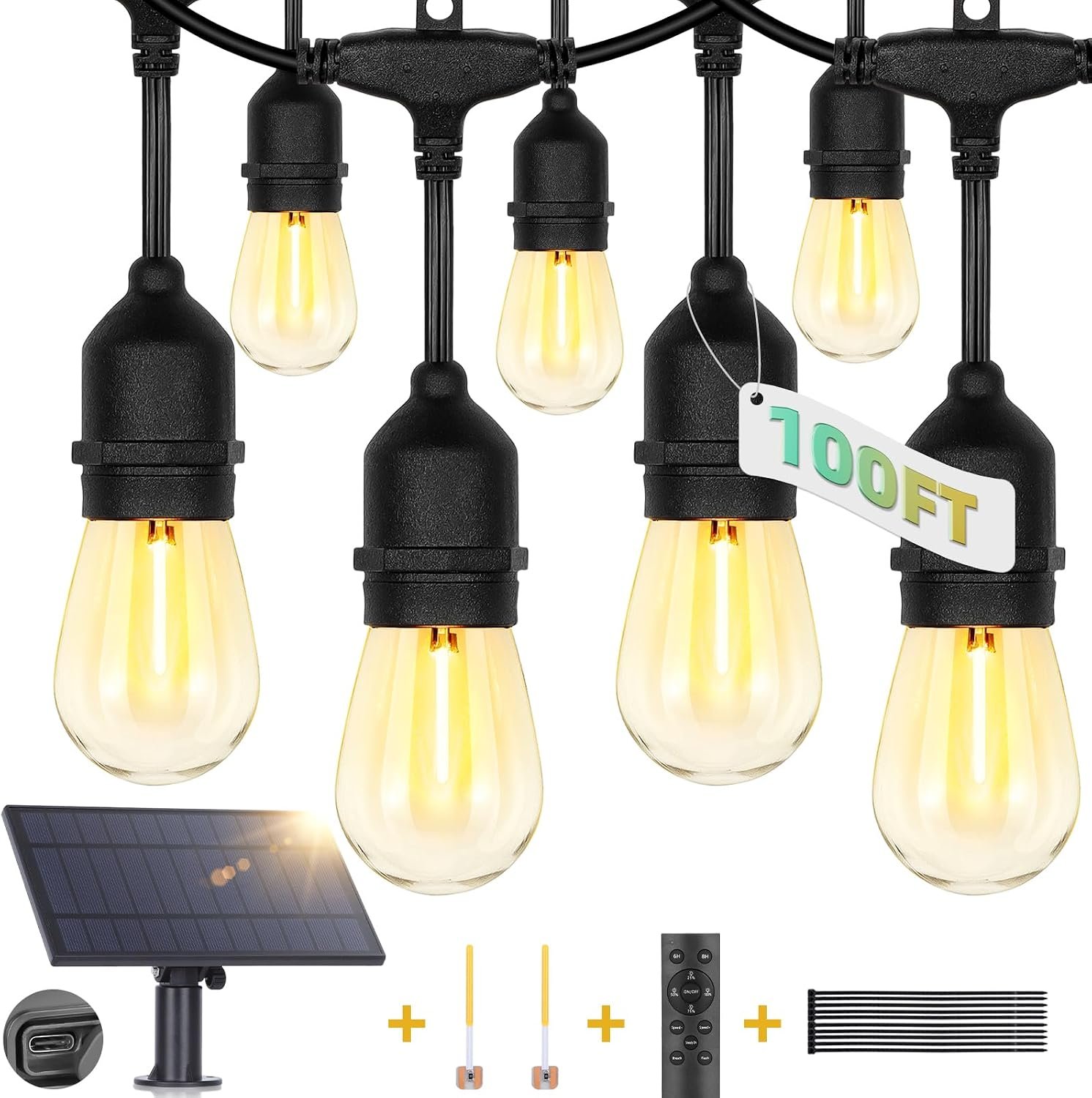 ZJOJO Solar String Lights Outdoor Waterproof 100FT,Solar Lights Outdoor with 30+2 Shatterproof Bulbs IP65, Patio Lights Solar Powered &USB Port, LED String SolarLights for Outside Decor
