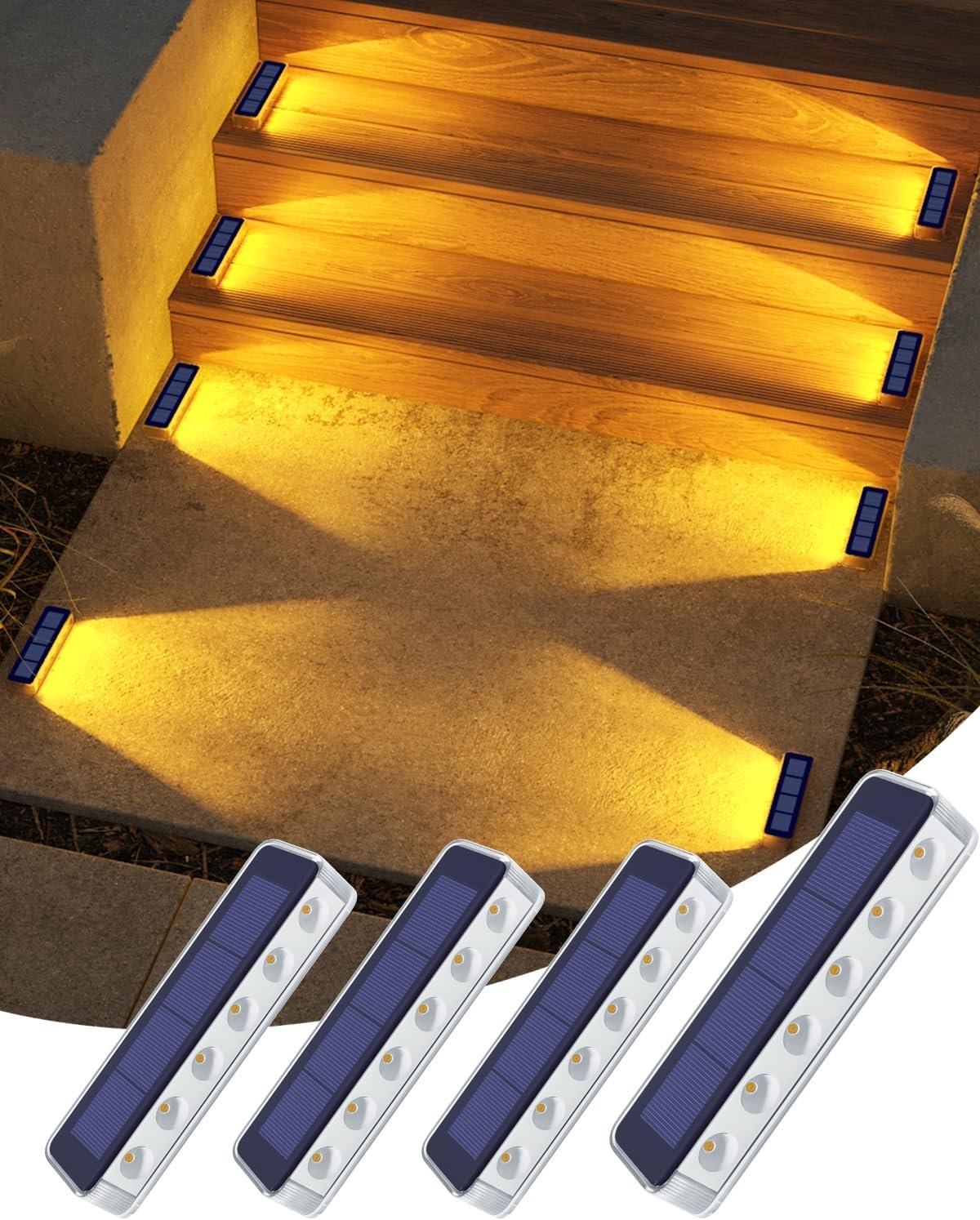 DetarZinLED Solar Step Lights Outdoor IP68 Waterproof 4 Pack Warm White | Solar Power, Auto ON/OFF, Stick on, Sturdy PC Shell, for Outside Stair, Deck, Dock, Walkway, Path, Driveway, Sidewalk, Patio