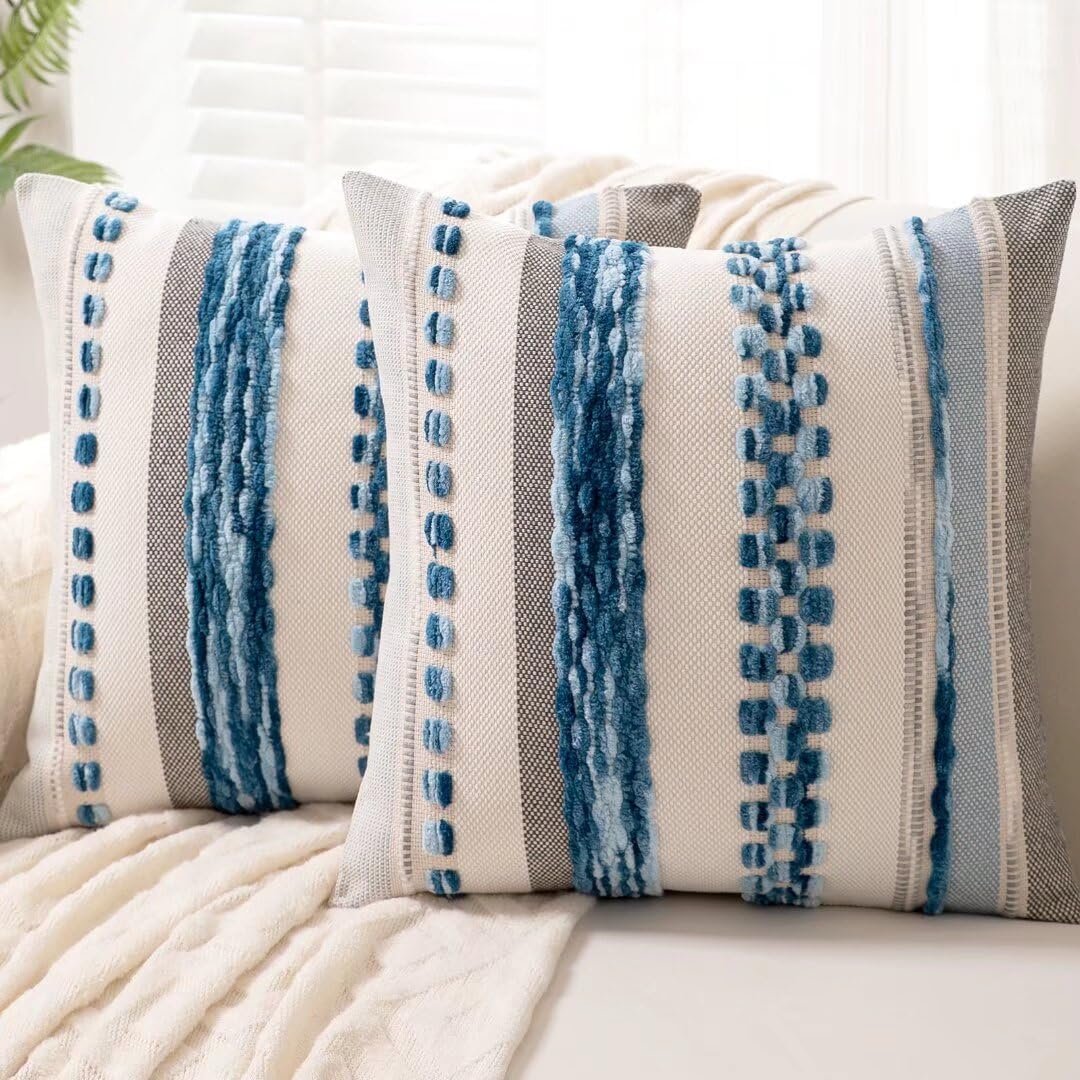 Boho Throw Pillow Covers Decorative Neutral Farmhouse Pillow case | 18×18 Set of 2 Cushion Case Striped Square Pillows Cover Couch Pillow Cases Accent Pillowcase for Sofa Bed,Sky Blue