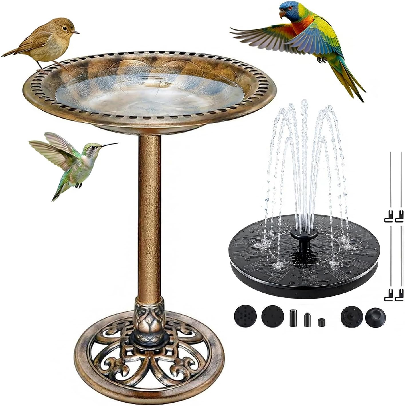 Bird Bath for Outside, Large 28 inch Tall Birdbaths for Outdoors with Solar Water Fountain, Plastic Retro Copper Bird Baths Bowl for Outdoor Garden Lawn Yard Patio Hotel Landscape Decor – Wide 20”