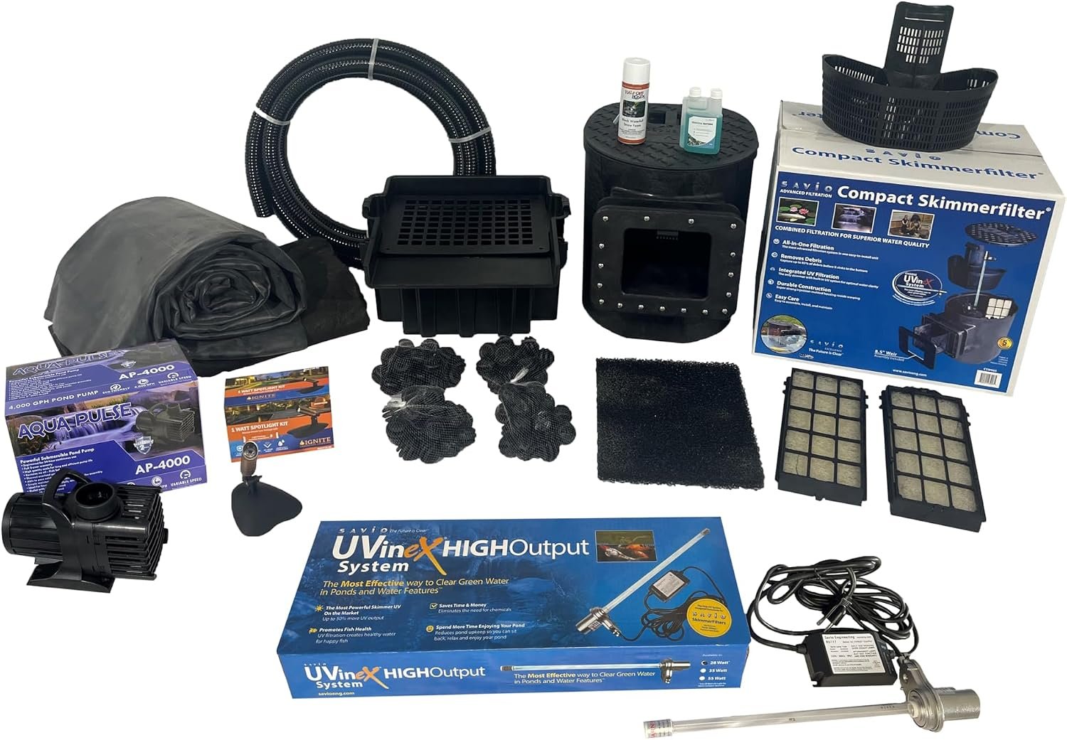 HALF OFF PONDS 20×25 Savio Select 4000 GPH EPDM Liner UV Clarifier Pond Kit | Heavy duty EPDM rubber liner, 4000 GPH submersible waterfall pump, UV clarifier included, Complete DIY custom koi pond setup