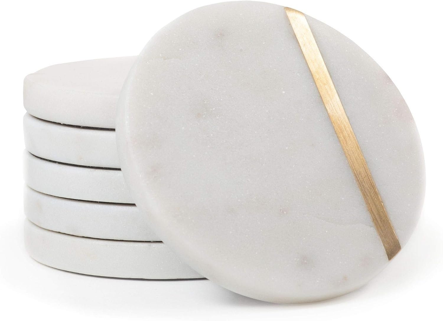 Cork & Mill Marble Coasters with Gold Brass Inlay, White, Set of 6 | Real Natural Semi Absorbent Stone, Modern Luxury Decor for Coffee Table, Office Desk or Bar Cart