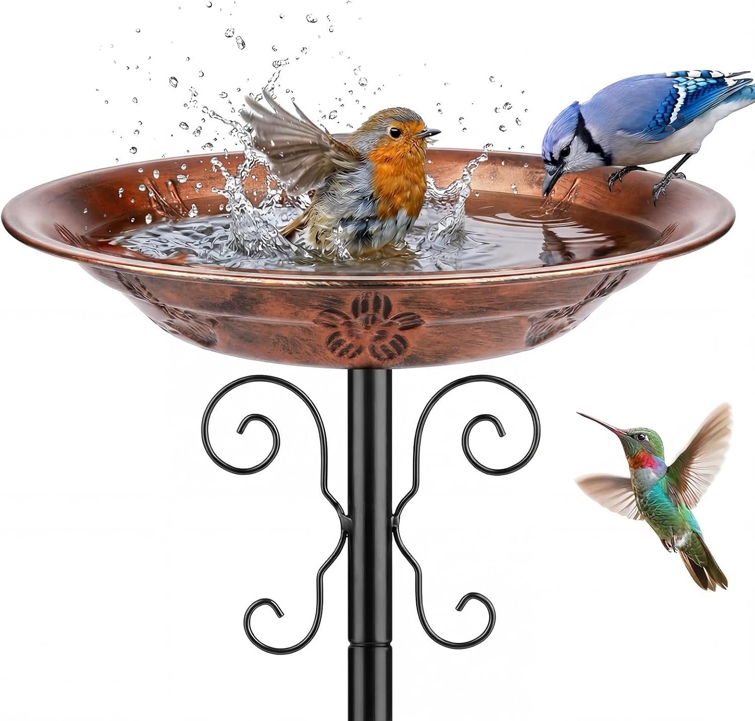 Metal Bird Bath for Outdoors, 4-Prong Ground Stake, Antique Bronze | Detachable Bowl, Weather-Resistant, Vintage, Rust-Proof, Garden Patio Yard Lawn Decor, Gift for Women Men Mom Dad Bird Lovers