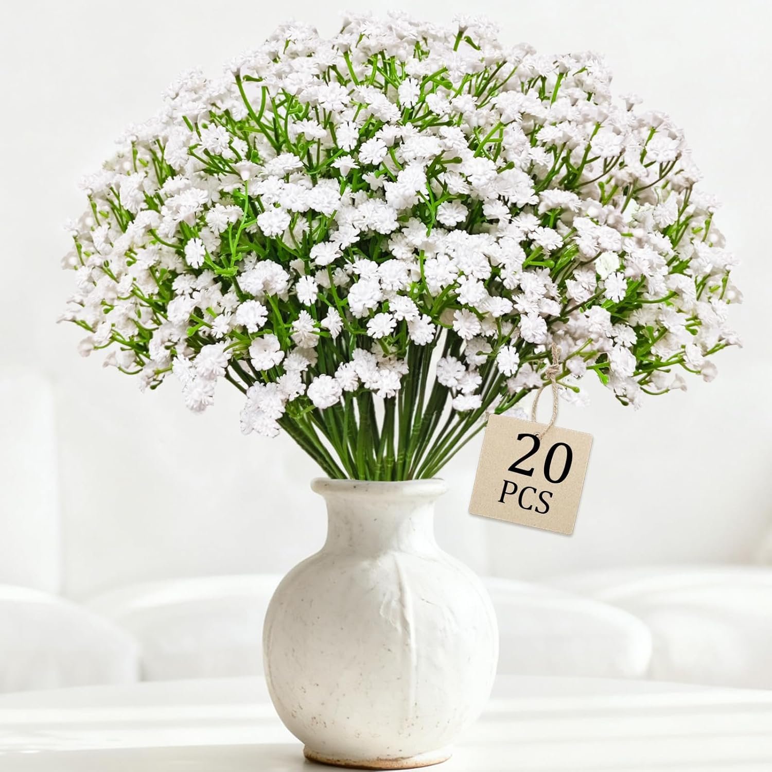 20 Pcs Real Touch Babys Breath Artificial Flowers, White Fake Flowers Baby Breath Flowers Artificial Bulk with Stems Branches for Vase Wedding Party Garden Home Decor Centerpiece Arrangements