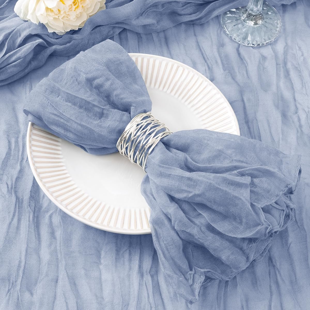 DeZerlor Dusty Blue Washable Cheesecloth Napkins Set of 100 for Wedding | Reusable Summer Cloth Napkins Bulk, for Bridal Baby Shower Dinner Cocktail Birthday Party, 21×21 Inches