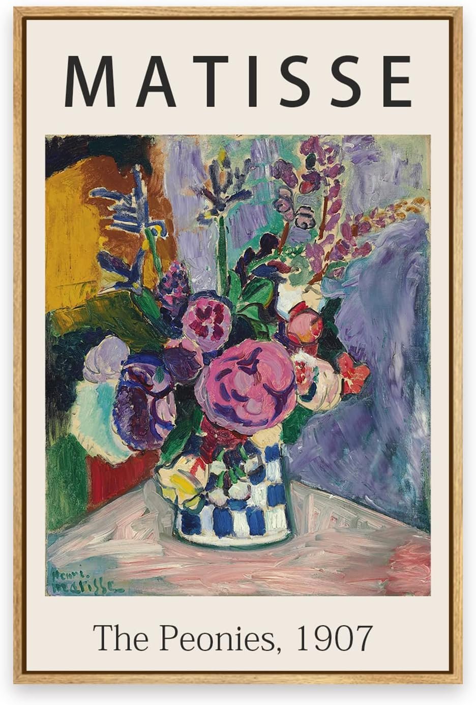 Gufro Matisse Wall Art Framed,The Peonies Famous Paintings,Matisse Colorful Peony Flower Illustration Canvas Print Artwork for Living Room, Bed Room, Office – 12x16in Natural Framed