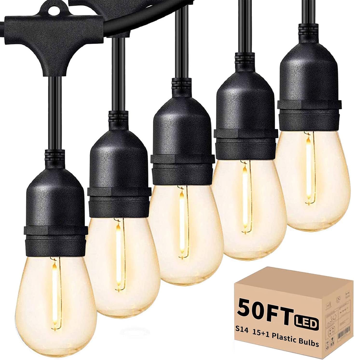 Svater Outdoor Led String 50FT, Patio Lights with 16pcs S14 Shatterproof Bulbs, 1 Watt E26 Dimmable 2700K Warm White, IP65 Waterproof, Commercial Grade Lights | Commercial Grade with Shatterproof 1W S14 Dimmable Edison Bulbs, ETL Hanging Strand for Bistro Cafe Backyard Warm White