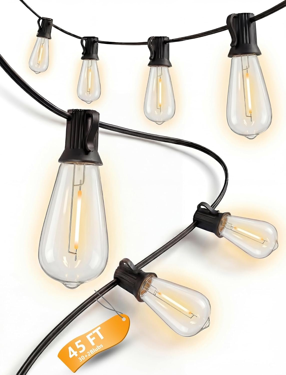 45FT Outdoor String Lights, 30 ST40 Edison LED Patio Lights | Shatterproof Bulbs, IP65 Waterproof, Dimmable 2700K Warm White, UL Listed Plug-In Black Wire for Large Patio Pergola