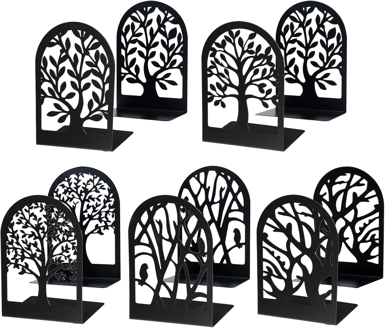 Tree Bookends 10 Pack Black Metal Heavy Duty Book Supports for Shelves | Black Metal, Tree Silhouette Design, 5 Pairs, Sturdy Book Support, for Home Office School and Library Shelves