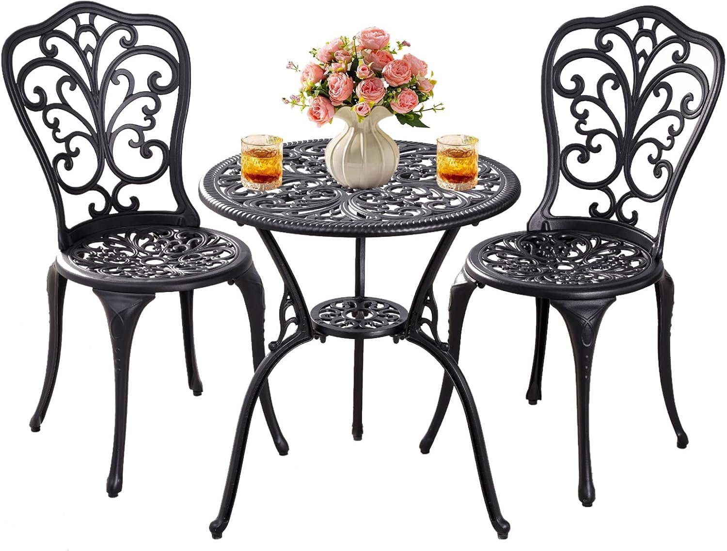 Patio Bistro Set 3 Piece Outdoor,Cast Aluminum Outdoor Bistro Table and Chair Set of 2 with 1.97″ Umbrella Hole,All Weather Bistro Table Set for Front Porch Set(Butterfly Black)