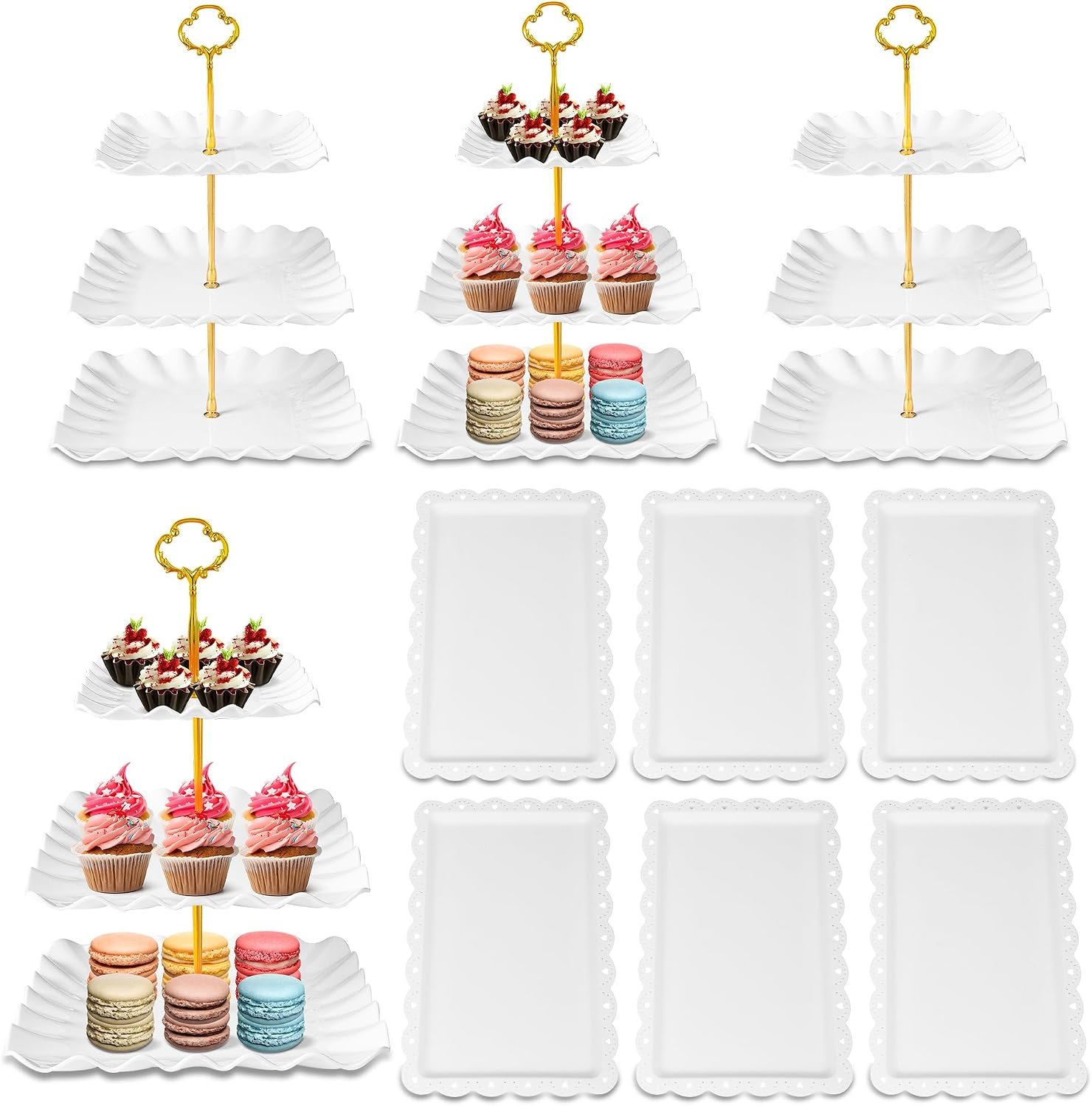 10 Pack Dessert Table Display Set, 4 Three-Tier Square Cupcake Stands and 6 Serving Trays for Cakes, Cupcakes, Pastries and Snacks, Baby Shower Decorations, Bridal Shower, Birthday, Wedding Party