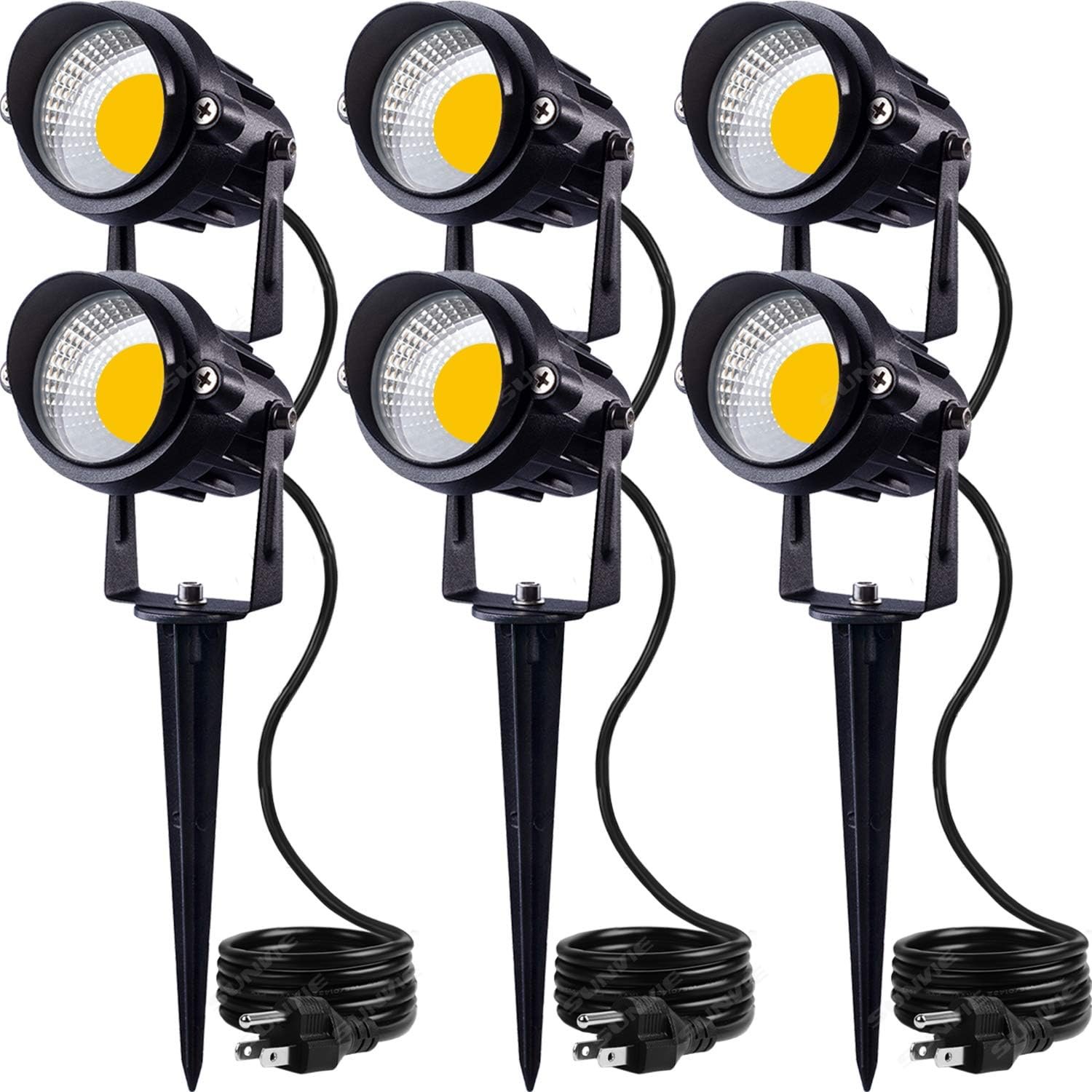 SUNVIE LED Outdoor Spotlight 12W Landscape Lighting 120V AC Waterproof Landscape Lights Spot Lights for Yard with Spiked Stake Warm White Flag Light Garden Decorative Lamp with US 3-Plug in (6 Pack)