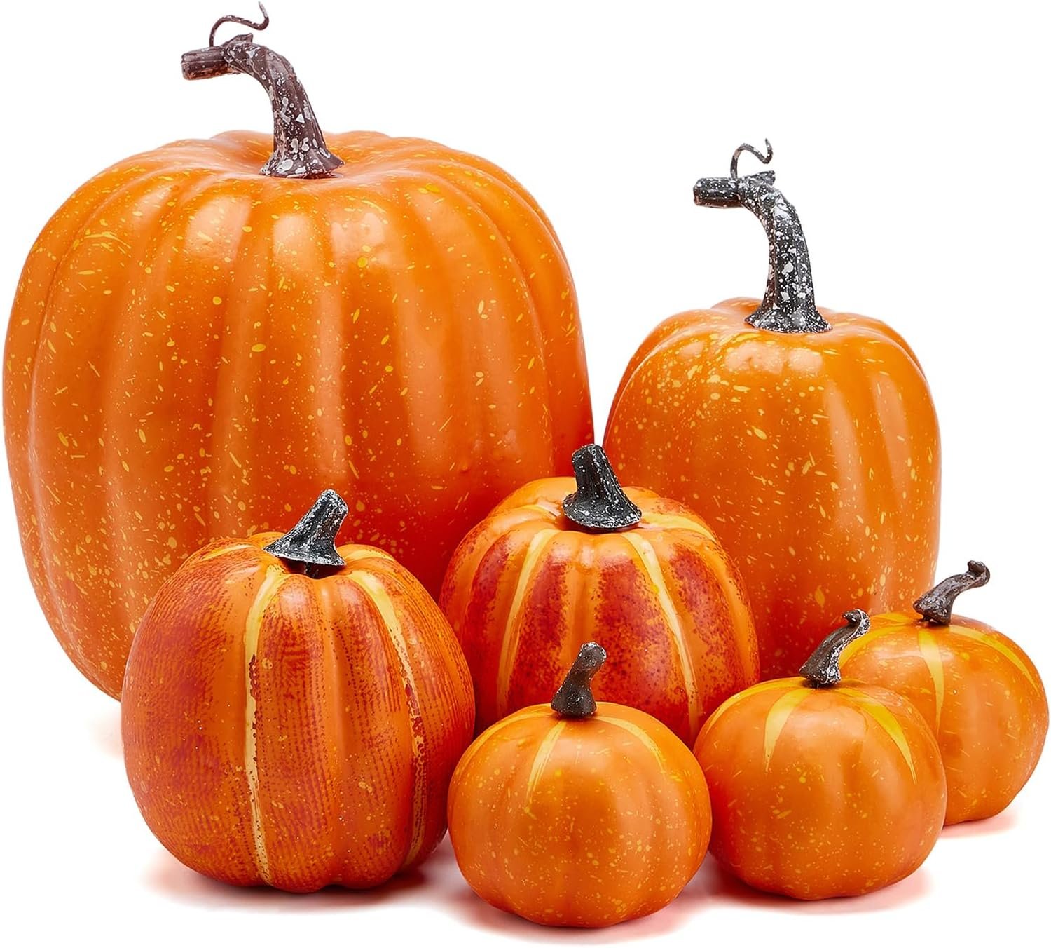 7Pcs Artificial Pumpkins of all Styles Halloween Decoration Rural Style Farmhouse Foam Pumpkin Harvest Season Thanksgiving Day is Suitable for Table top House Dining Table Party Decoration (Orange)