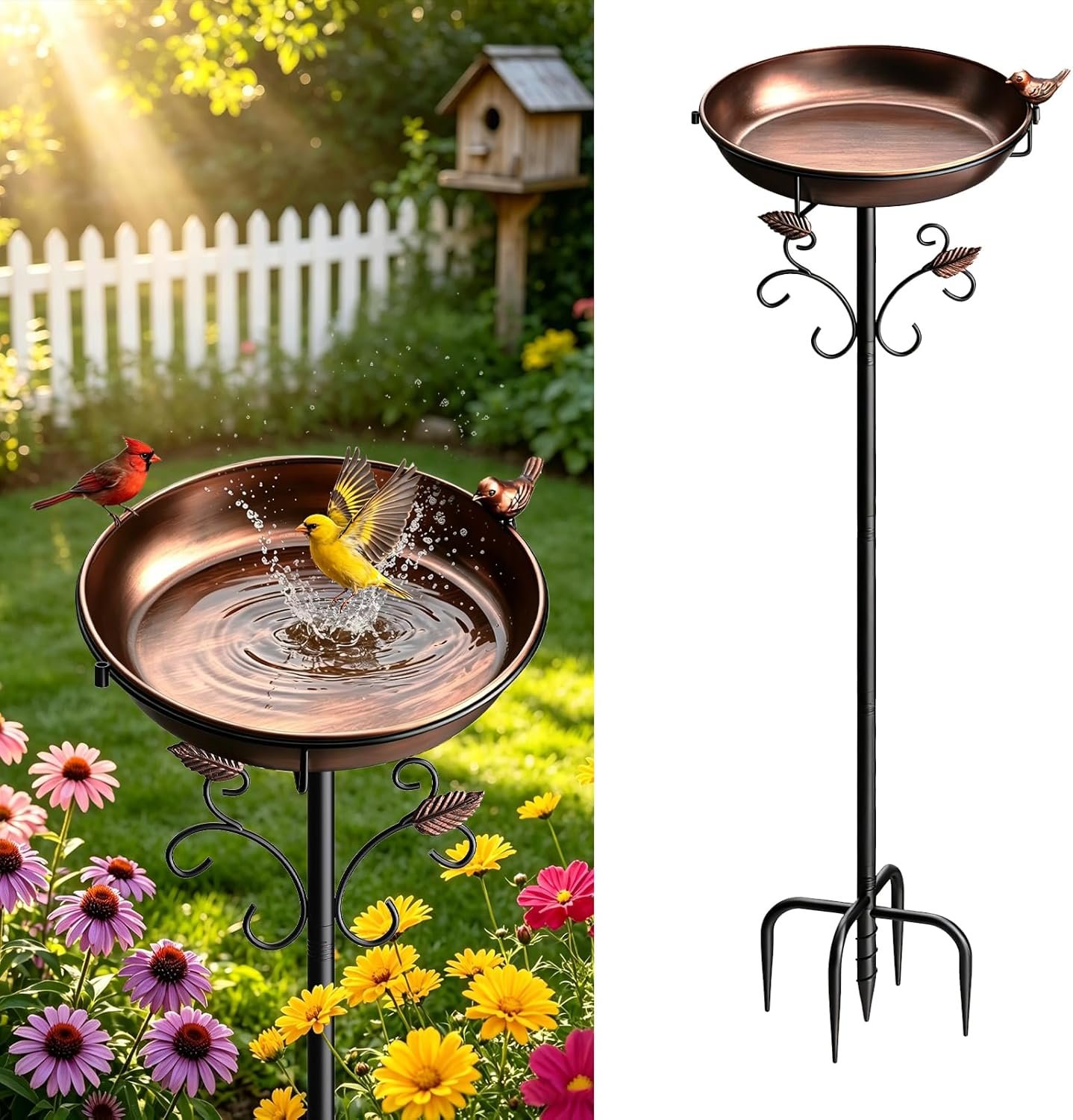 50″ Tall Metal Bird Bath for Outside – Removable Birdbath Bowl with Stable 5-Prong Auger Base, Easy Clean Garden Yard Patio Lawn Decor, Rust-Proof