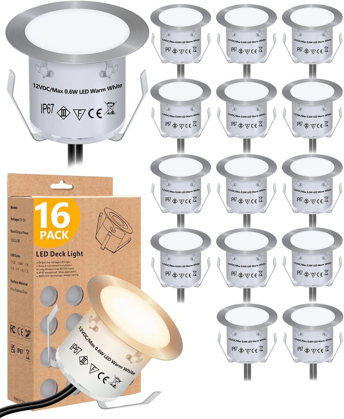 HIBOITEC Recessed LED Deck Light Kits(16Pack), 12V Low Voltage Landscape Lighting IP67 Waterproof Outdoor Step Stair Lights Warm White Deck Lighting for Garden Yard Steps Stair Patio Floor Decoration
