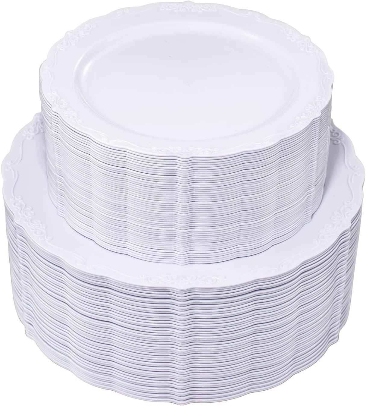 U-QE 100 Pcs White Plastic Plates – White Disposable Plates – Premium Hard Plastic Disposable Plates for Wedding and Party Use Including 50 Dinner Plates 10 ” & 50 Dessert Plates 7.5 ”