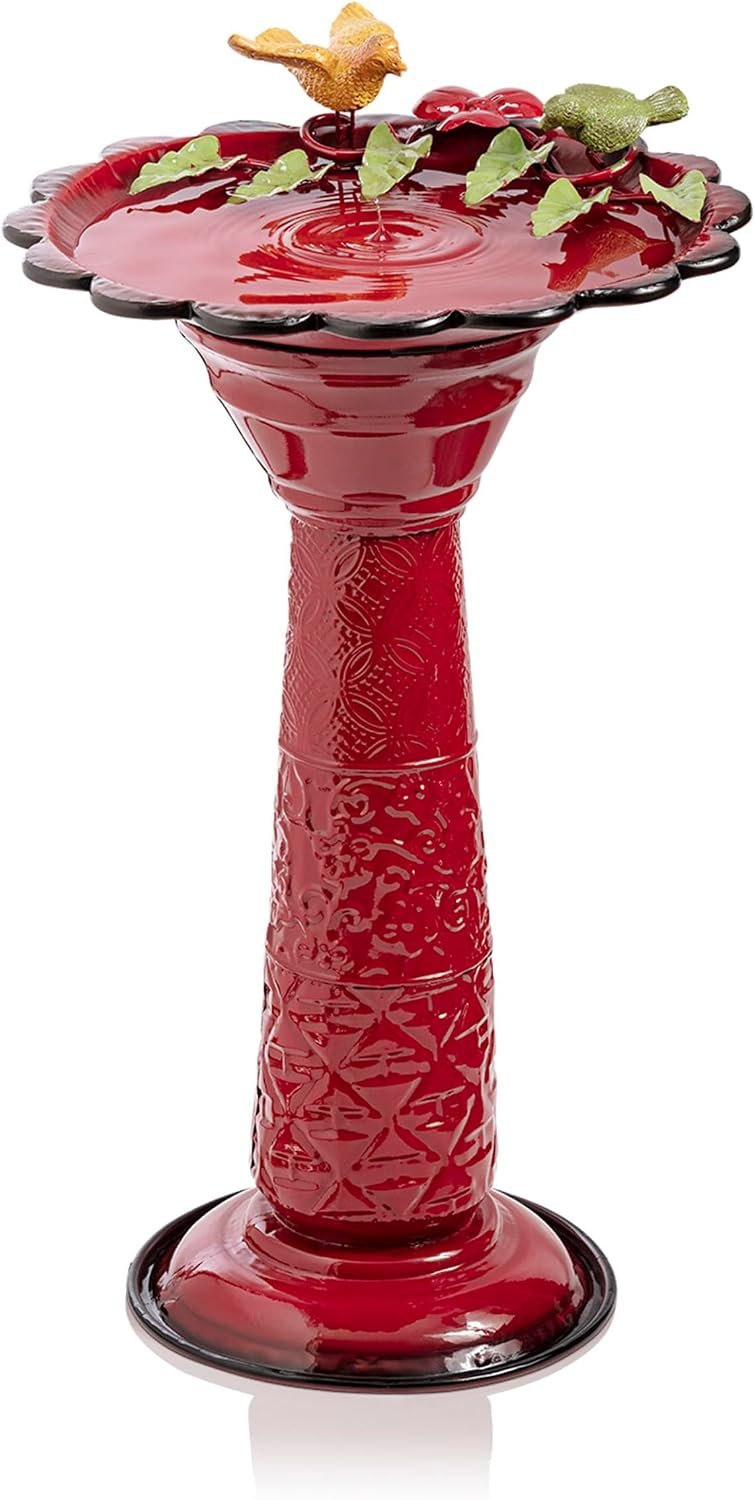 Alpine Corporation – 28″ Tall Outdoor Metal Birdbath with Birds and Leaves Yard Statue Decoration, Red – Stunning Garden Accent to Attract Birds – Durable Construction for Patio, Deck, or Yard