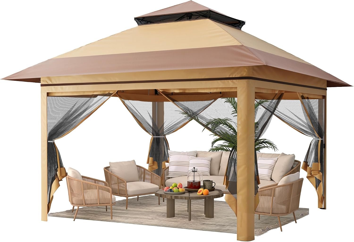Driftalia 13×13 Pop Up Gazebo for Patio, Backyard, Deck – Beige & Coffee | One-Push Quick Setup, UV & Insect Protection Design, Vented Rood, Mesh Sides, Extra Large Shade