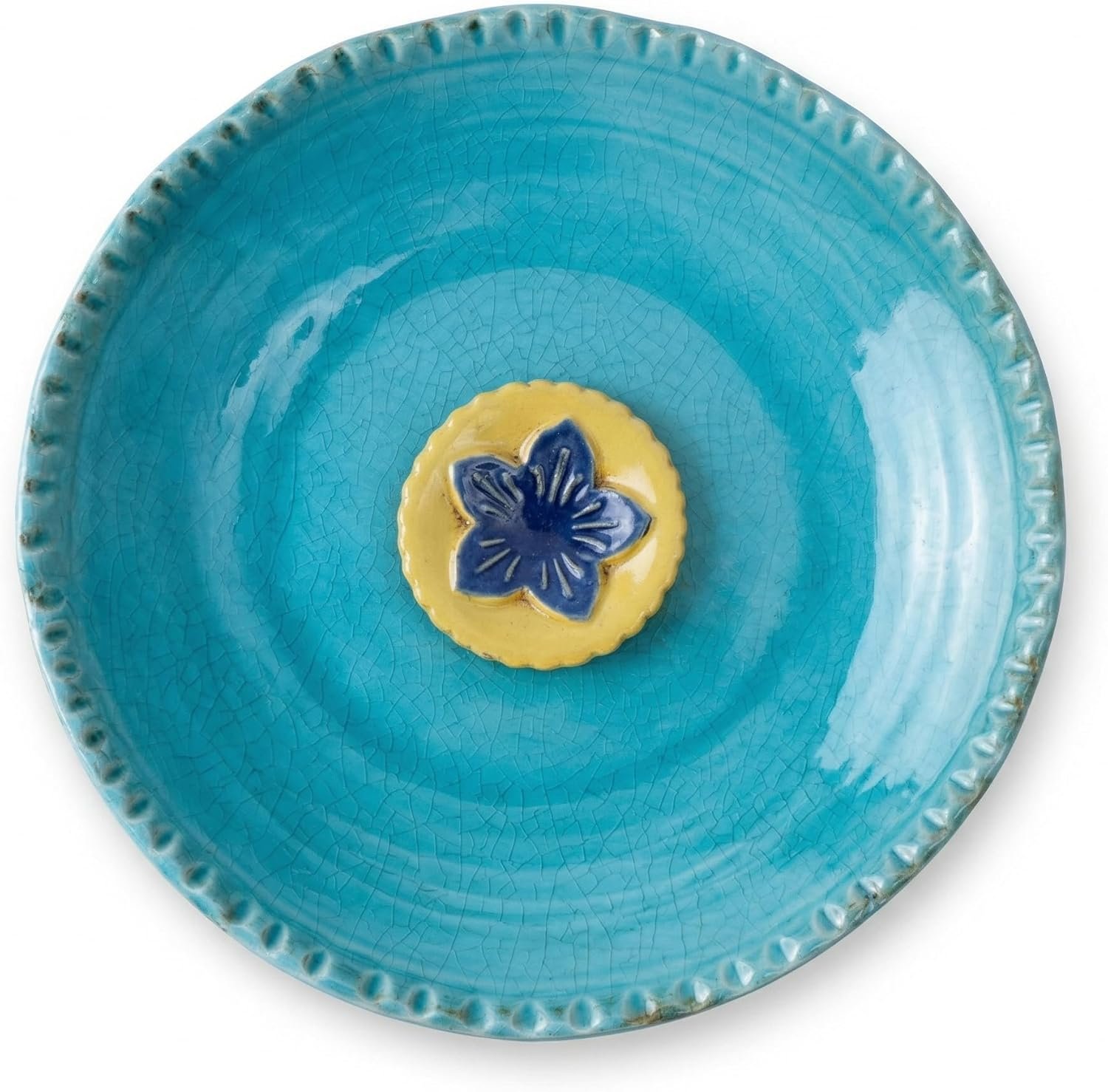 Topadorn 2″ Depth Ceramic Birdbath & Birdfeeder for Small Birds Outdoors, 12.2” Bird Bath Bowl for Vintage Garden Patio Yard Lawn Decor, Blue with Yellow Flower