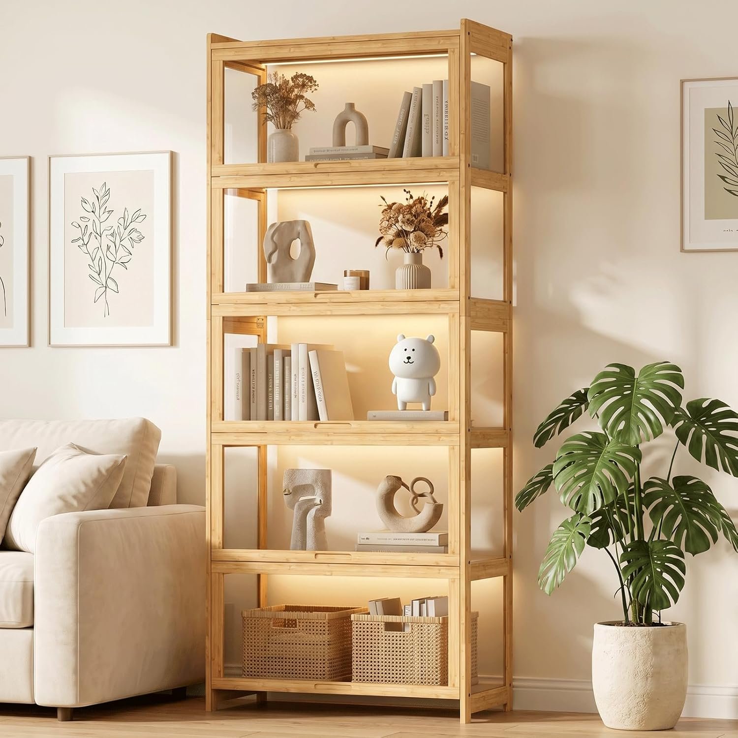 Magshion Display Cabinet with Acrylic Doors, 67.5″ Tall, Natural | Full 4-Side Transparent Display Case, 5 Tier Curio Cabinet for Collectibles, Books, Figures, Storage Cabinet for Bedroom
