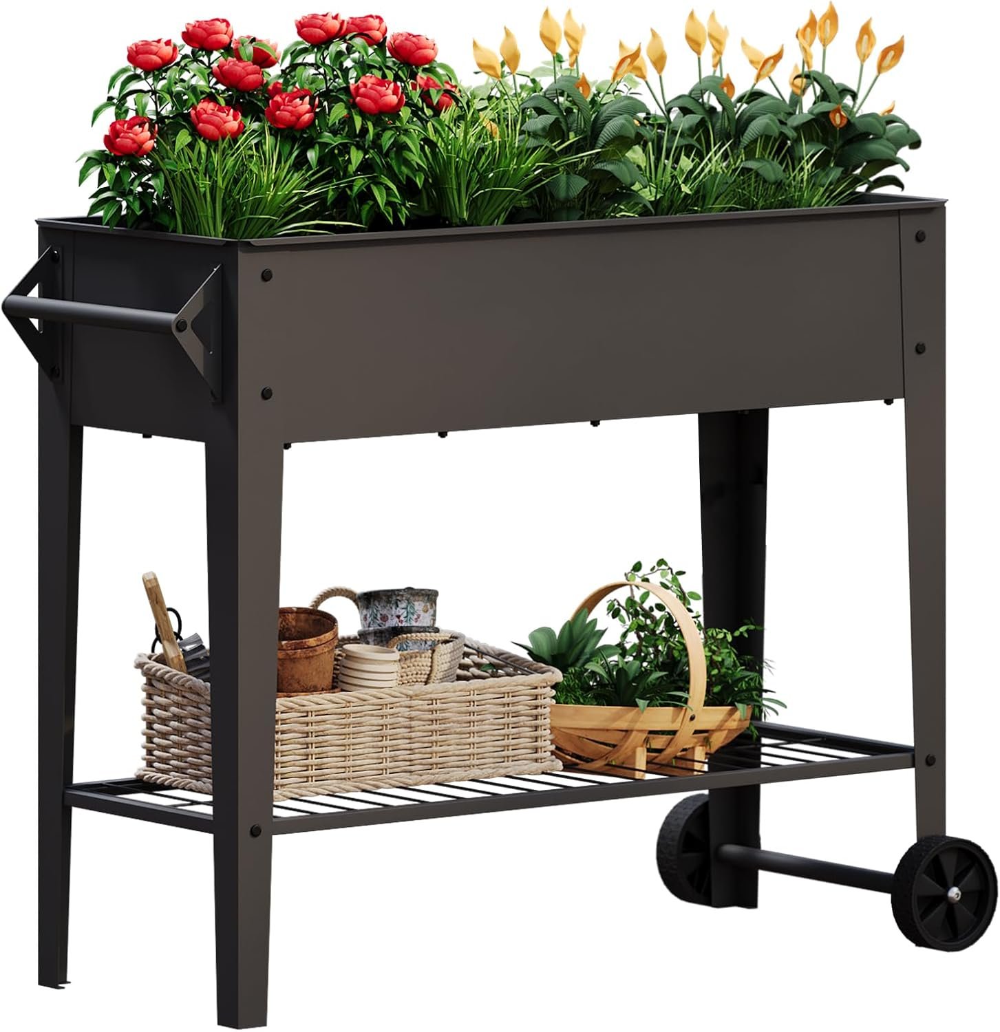Mobile Raised Garden Bed with Legs and Wheels Metal Elevated Planter Box | 31.9″ Tall with Handles Lower Storage Shelf & 5 Drain Holes for Vegetables Herbs Flowers,Garden Patio Balcony Backyard Garage
