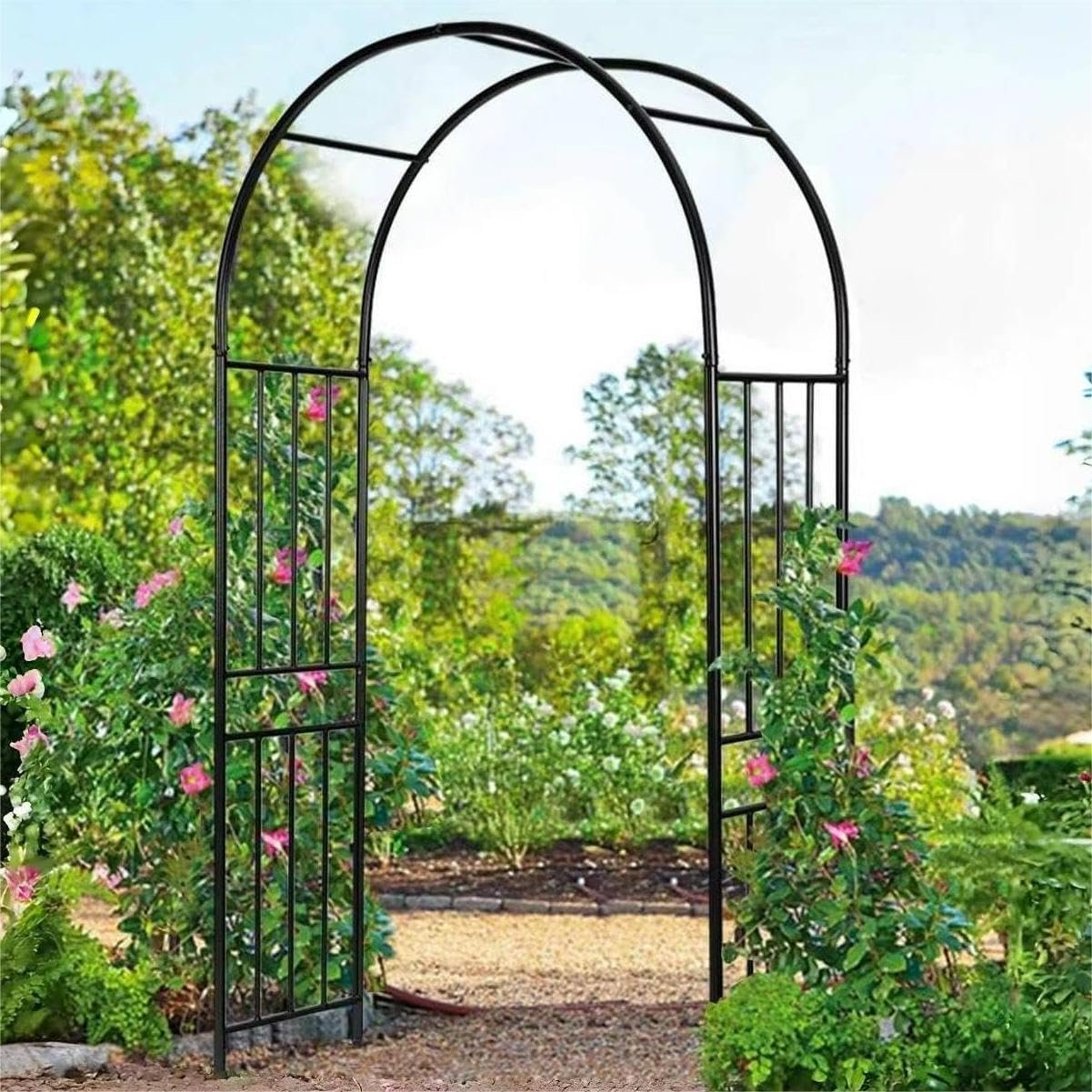 Moccha Garden Arch Arbor Trellis, 7.2Ft Outdoor Steel Arbor with Stakes, Metal Archway for Climbing Plants, Wide Sturdy Garden Arch for Lawn, Party, Ceremony Wedding Decoration, Black