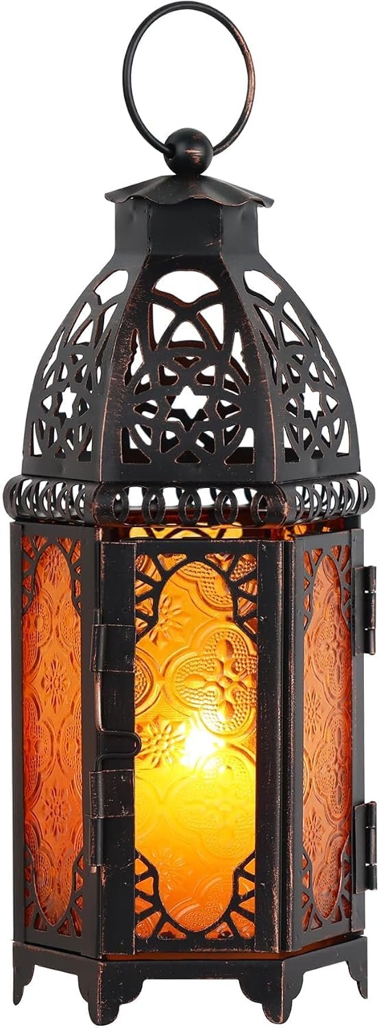 Moroccan Lanterns Decorative Indoor & Outdoor, 11’’ Medium Size Vintage Metal Hanging&Tabletop Candle Holder Decor, Halloween Christmas Ramadan Decorations for Home Porch Patio (Amber)