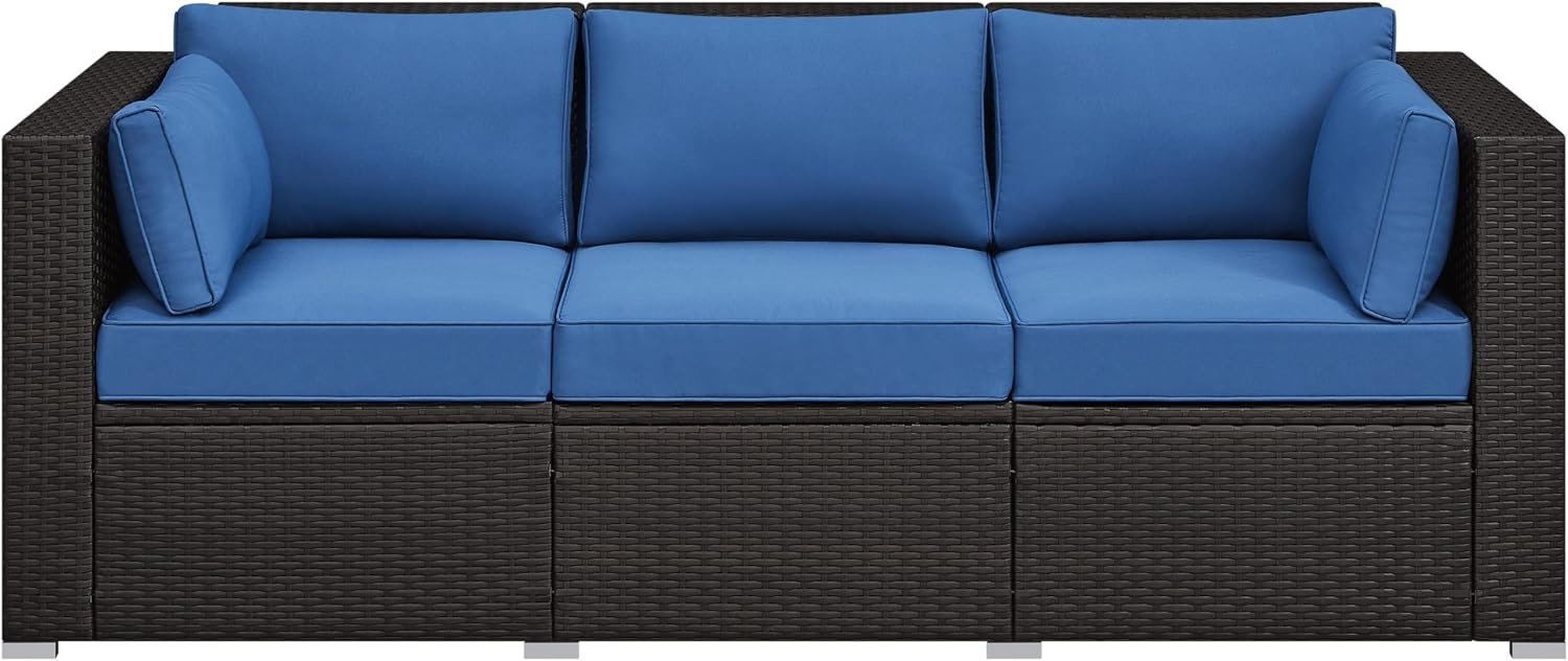 Yaheetech 3-Seat Patio Wicker Sofa, Outdoor Rattan Couch with Furniture Cover, Deep Seat High Back with Cushions & Throw Pillows for Deck/Porch/Balcony/Yard, Brown/Dark Blue | with Furniture Cover, Deep Seat High Back with Cushions & Throw Pillows for Deck/Porch/Balcony/Yard