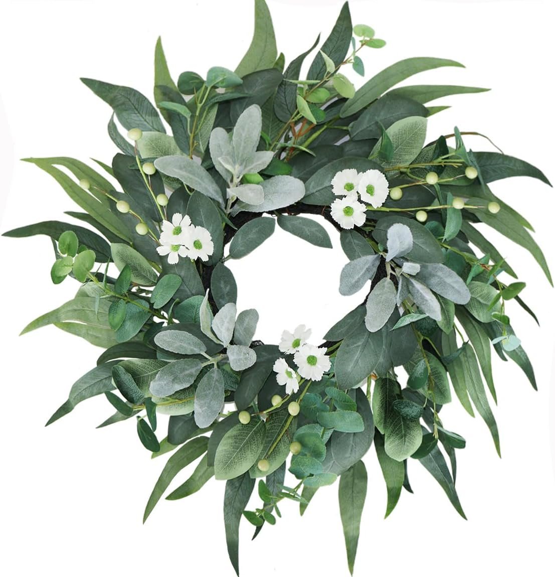 20″ Green Eucalyptus Wreaths for Front Door with Lambs Ear White Flowers – Lifelike Spring, Summer, and Winter Wreath for Farmhouse Porch, Window, Door Decor