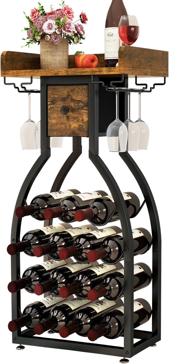 IBUYKE Wine Rack Freestanding Floor,15 Bottles,Glass Holder,Brown TMJ908H | Mini Bar Table Wine Cabinet with Storage Drawer Liquor Bottle Holder for Home Bar Kitchen Dining Room