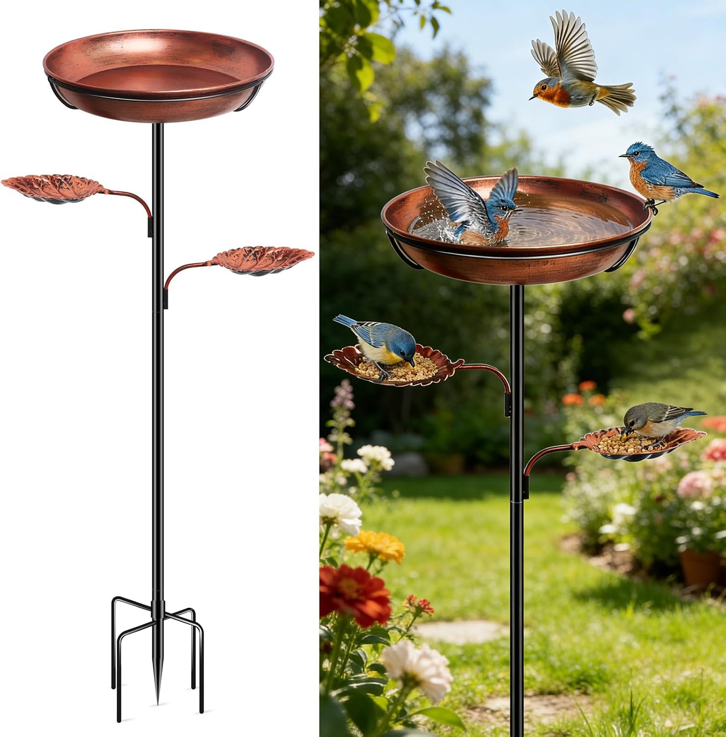 DRQ 35” Metal Bird Bath for Outside, 12” Dia × 2” Deep Birdbath Bowl, Bird Feeder with 6.5” 5-Pronged Base for Garden Decor, Patio, Yard, Lawn, Father’s Day – Vintage Brown