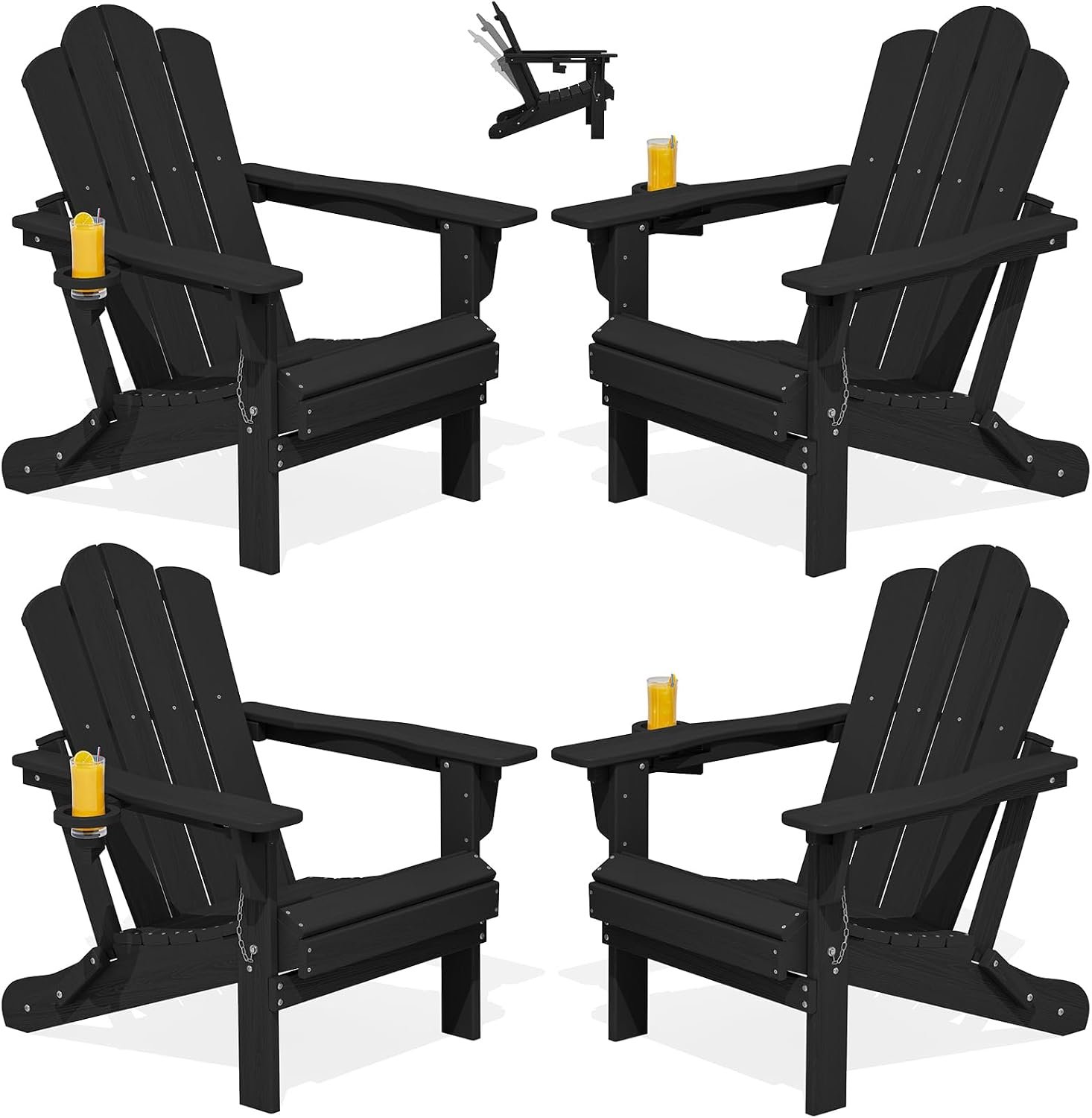 KINGYES Adjustable Adirondack Chairs Set of 4, Folding Outdoor Chair, Black | | with Cup Holder | Reclining 3-Position Adirondack Chairs | All-Weather Oversized Adirondack Chairs for Patio, Fire Pit