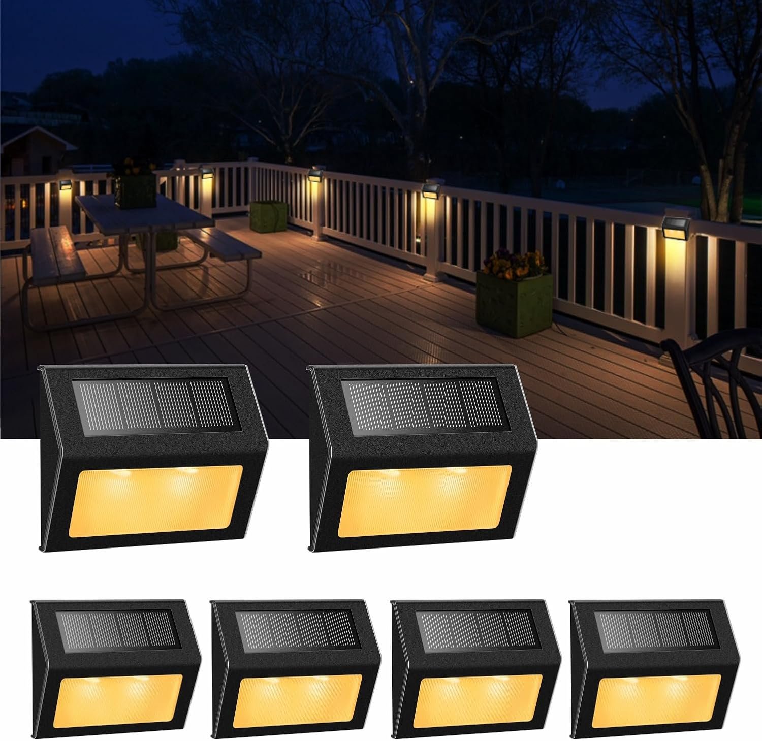 Warm White Solar Lights for Deck Step Fence, Black SST Housing, 6 Pack | Soft warm non-glare LED lamp, sturdy stainless steel casing with black coating, for deck, step, fence, pathway, Rainproof