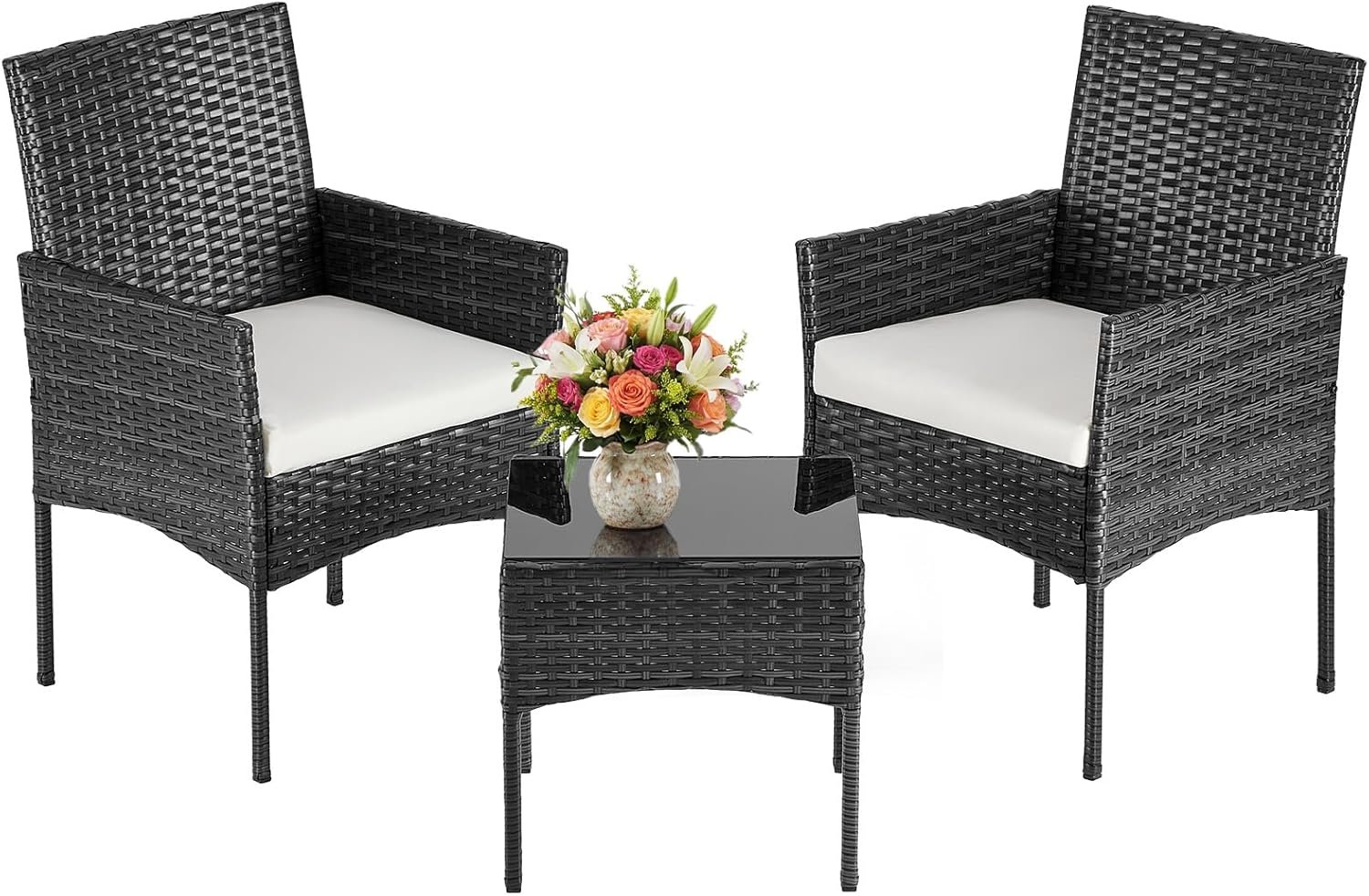 DUMOS Patio Furniture Set 3-Piece, Outdoor Wicker Bistro Set, Black | All-Weather Rattan Chairs, Removable Cushions, Tempered Glass Table, Small Conversation For Porch Balcony Lawn Backyard