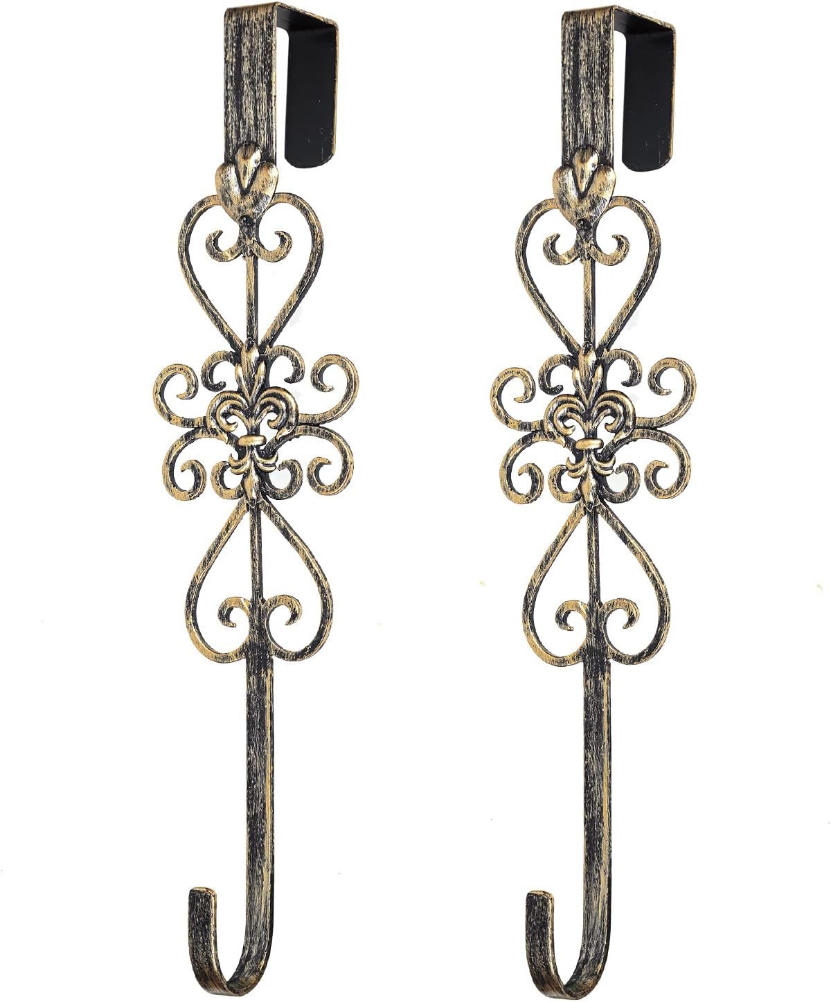 2 PCS Wreath Hangers for Front Door, 15″ Over Door Wreath Hook, Fleur Dis Lis Wreath Hanger for Doors, Metal Overdoor Wreath Holder, 20 lbs Christmas Decorations Wreaths Hook- Vintage Gold