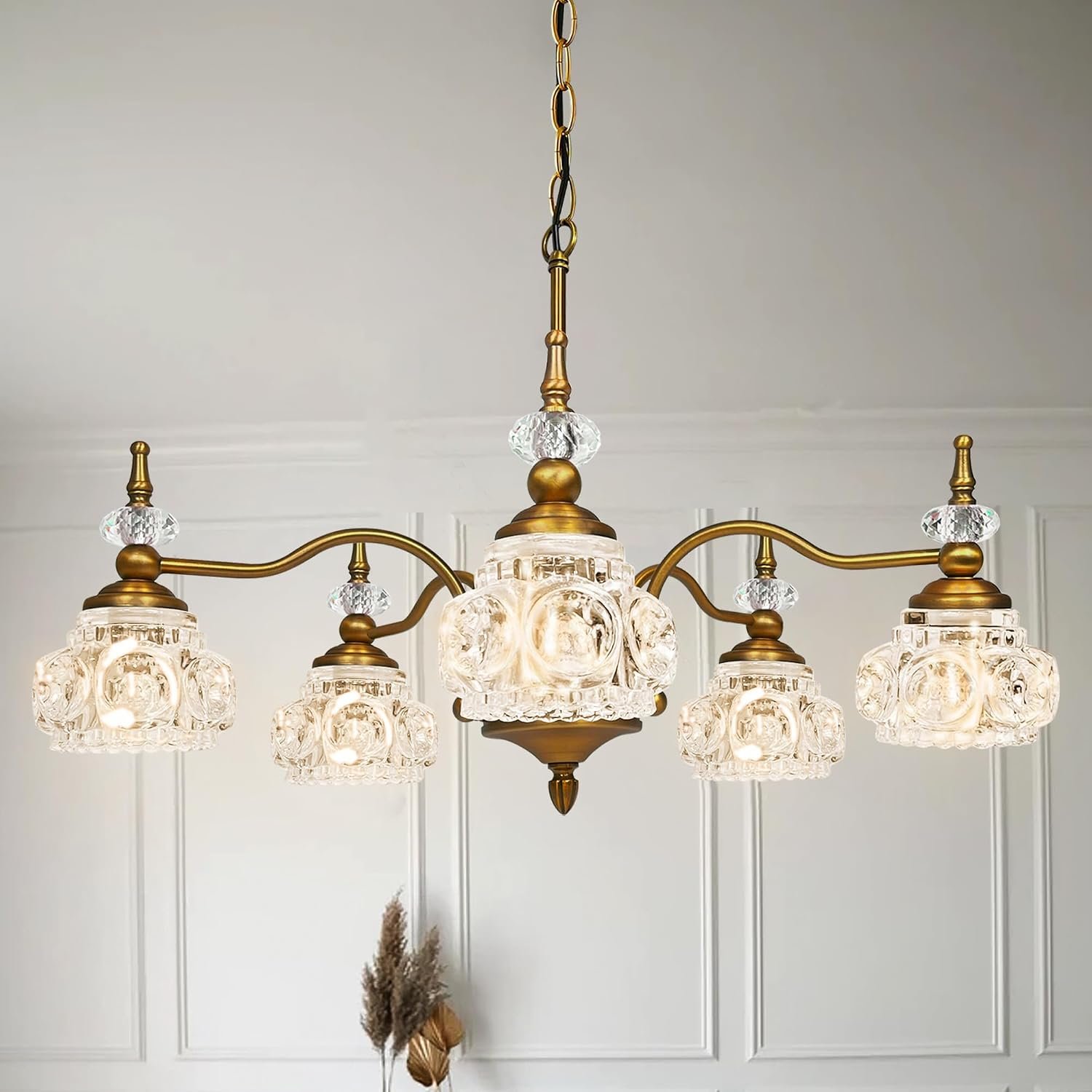 Montex Brass Pendant Light Fixture, Gold Vintage Chandelier Light Fixture 5 Lights, Include 6 Light Bulbs Glass Pendant Light Crystal Hanging Light