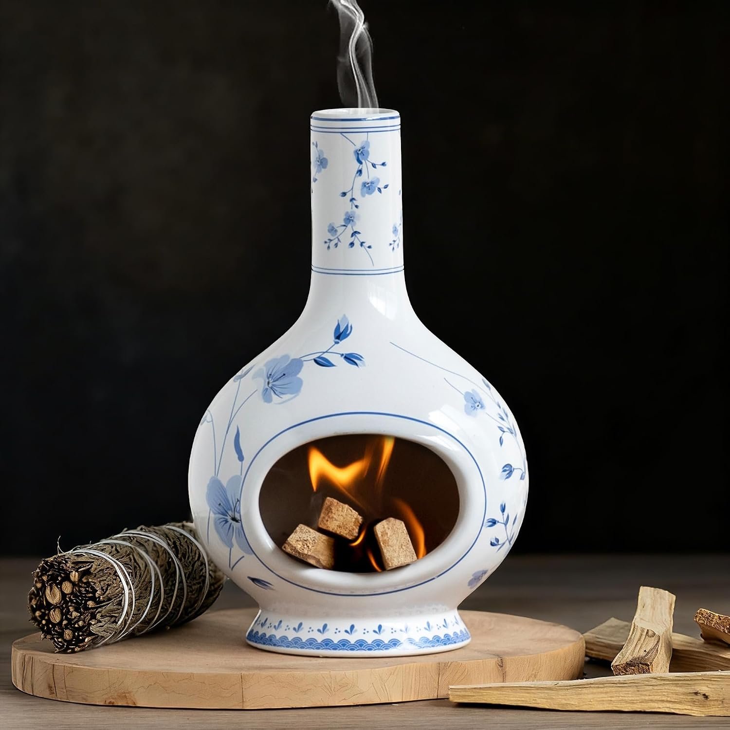 Ceramic Incense Holder Palo Santo Burner – Handmade Blue and White Porcelain Mini Chiminea for Ash Catching & Meditation Decor – Vintage Oriental Burner for Yoga Room Spiritual Gift