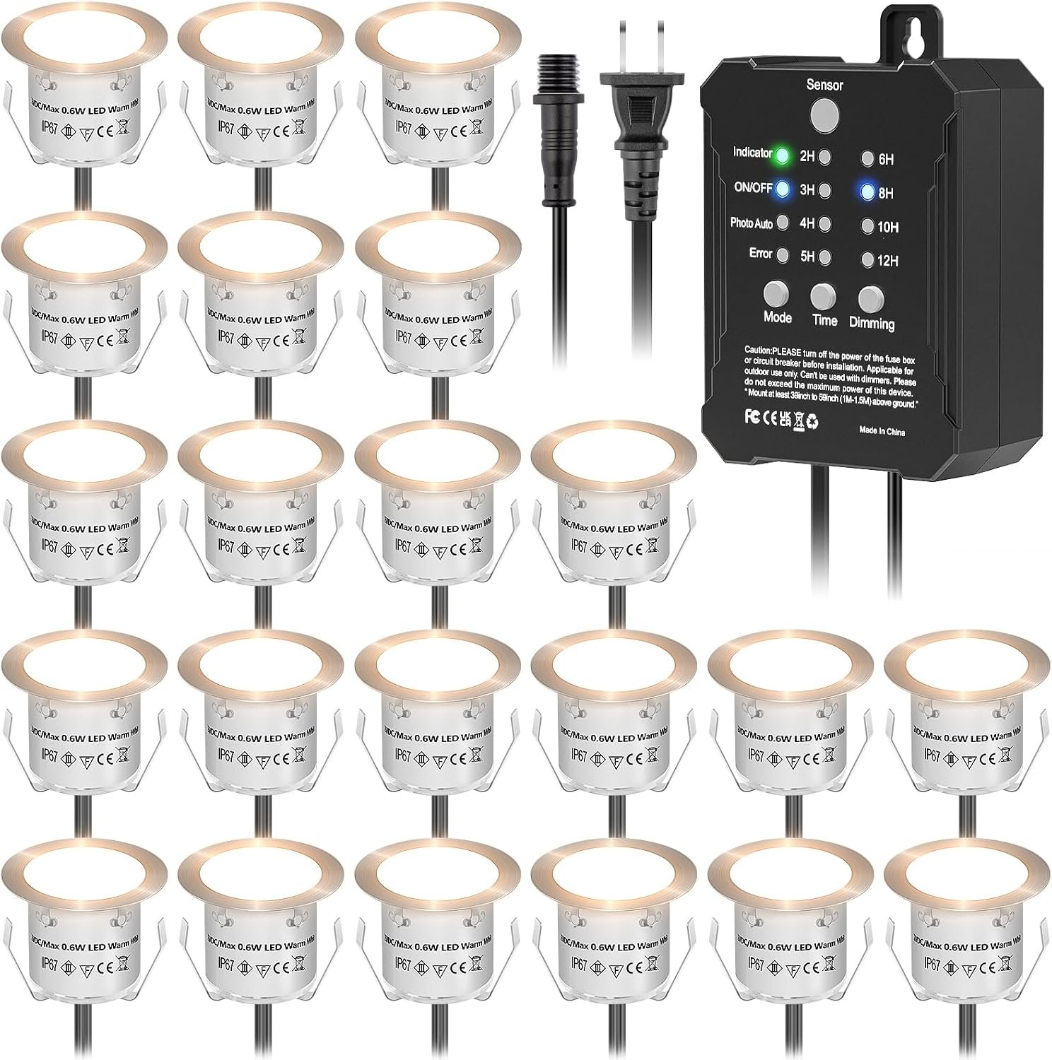 HIBOITEC Low Voltage Deck Lights Kit with Transformer Dimmable Timer and Photocell Sensor Outdoor Recessed LED Deck Lighting IP67 Waterproof 2700K for Stair Step Outdoor Garden Yard 22 Packs