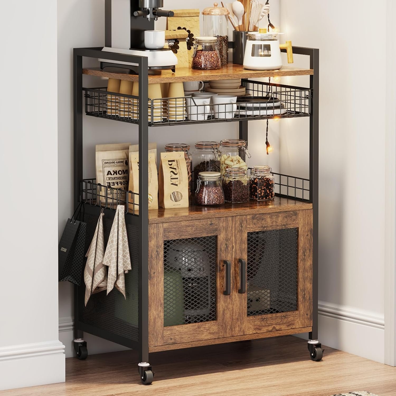 Hencawima Coffee Bar Cabinet, 3 Tier Coffee Station Table on Wheels, 35.9″ H Bar Cart with Wire Basket Drawer & 5 Hooks for Home Kitchen, Liquor Buffet Sideboard Cabinet (Rustic Brown)