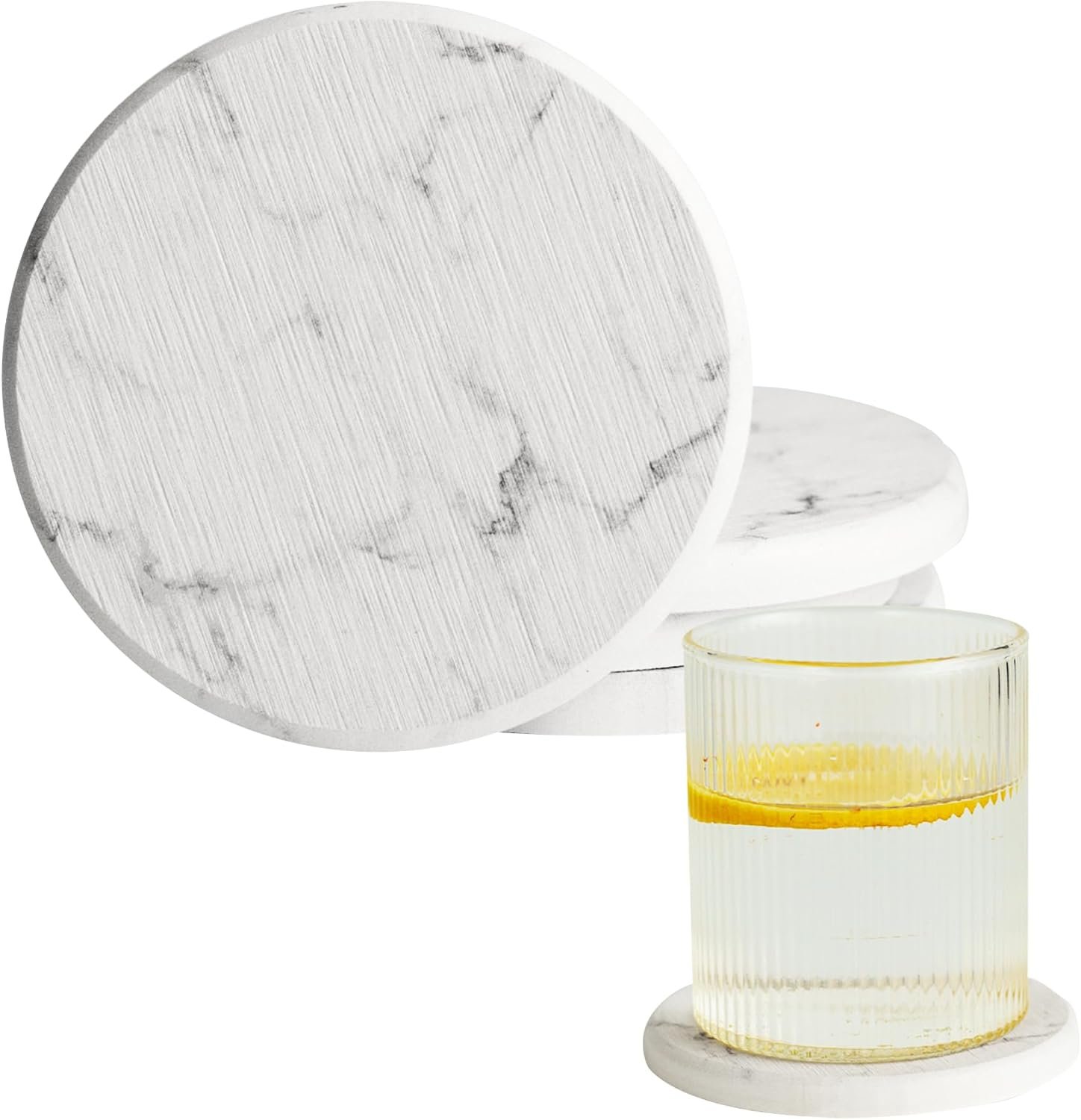 Stone Coasters for Drinks, Set of 4 (Dia. 4 in), Quick Absorbent Diatomaceous Earth Coaster with Aesthetic Marble Pattern, Desk & Coffee Table Decor, House Warming Gifts New Home – White