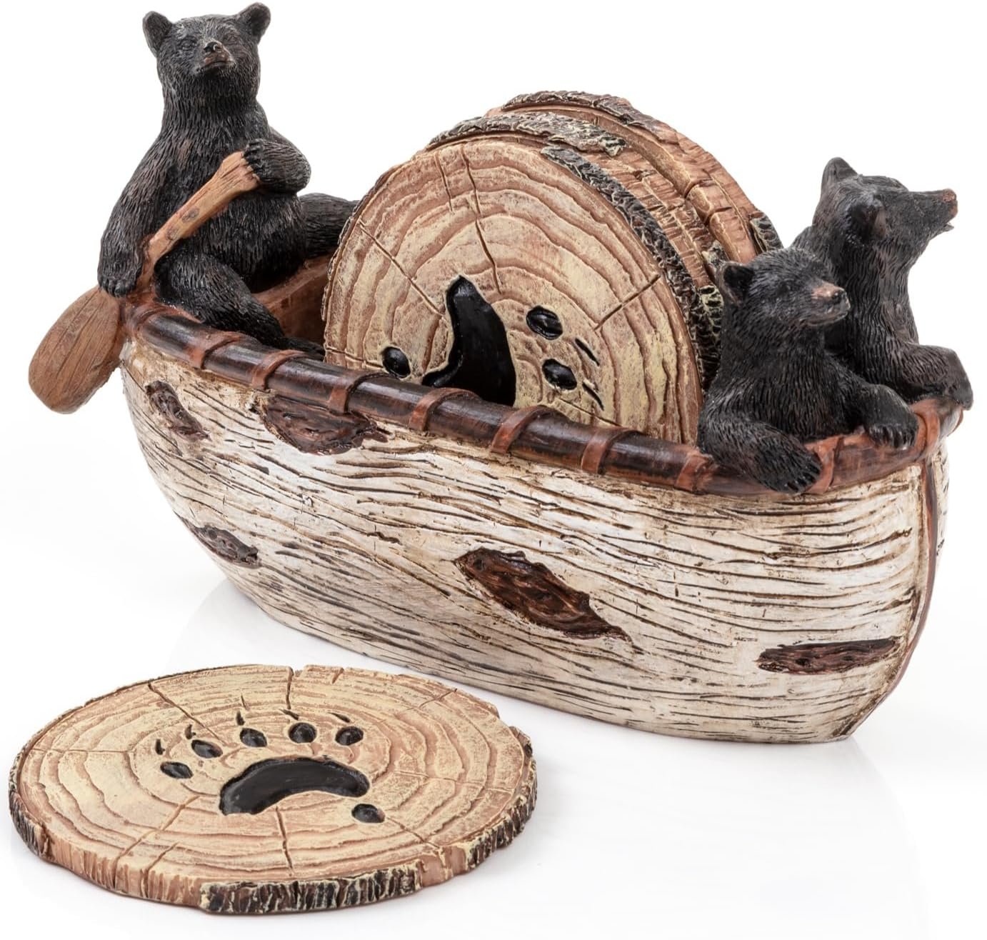 Cabin Obsession Bear Coasters – Set of 6 Full Size Rustic Coasters in Handmade Canoe with Adorable Black Bear Figurines – Log Cabin Decorations, Rustic Lodge Decor for The Home