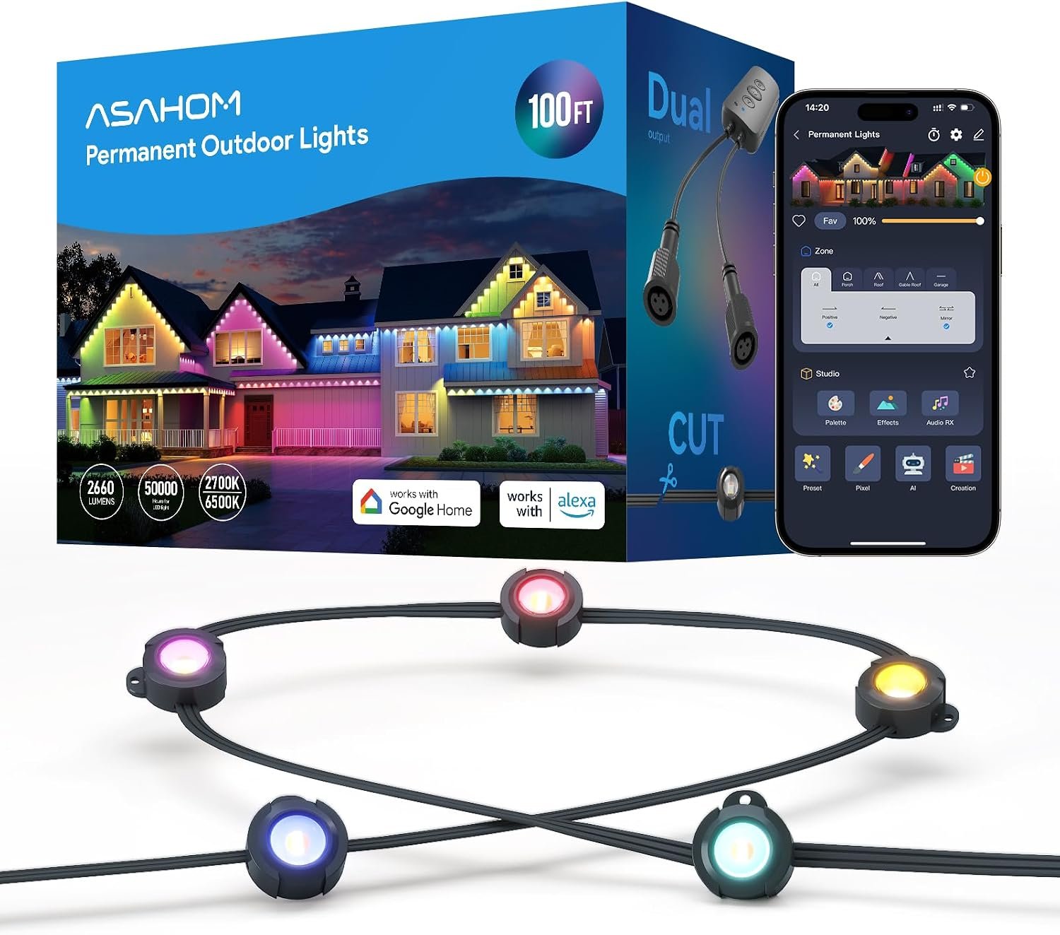 ASAHOM Permanent Outdoor Lights, 72 RGBCW LEDs, AI Lighting, 30,000 Effects | Dual Output, Extend to 800FT, IP67 Waterproof, Voice Control, for Halloween Christmas and Daily Lighting, 100FT, Black, S107B